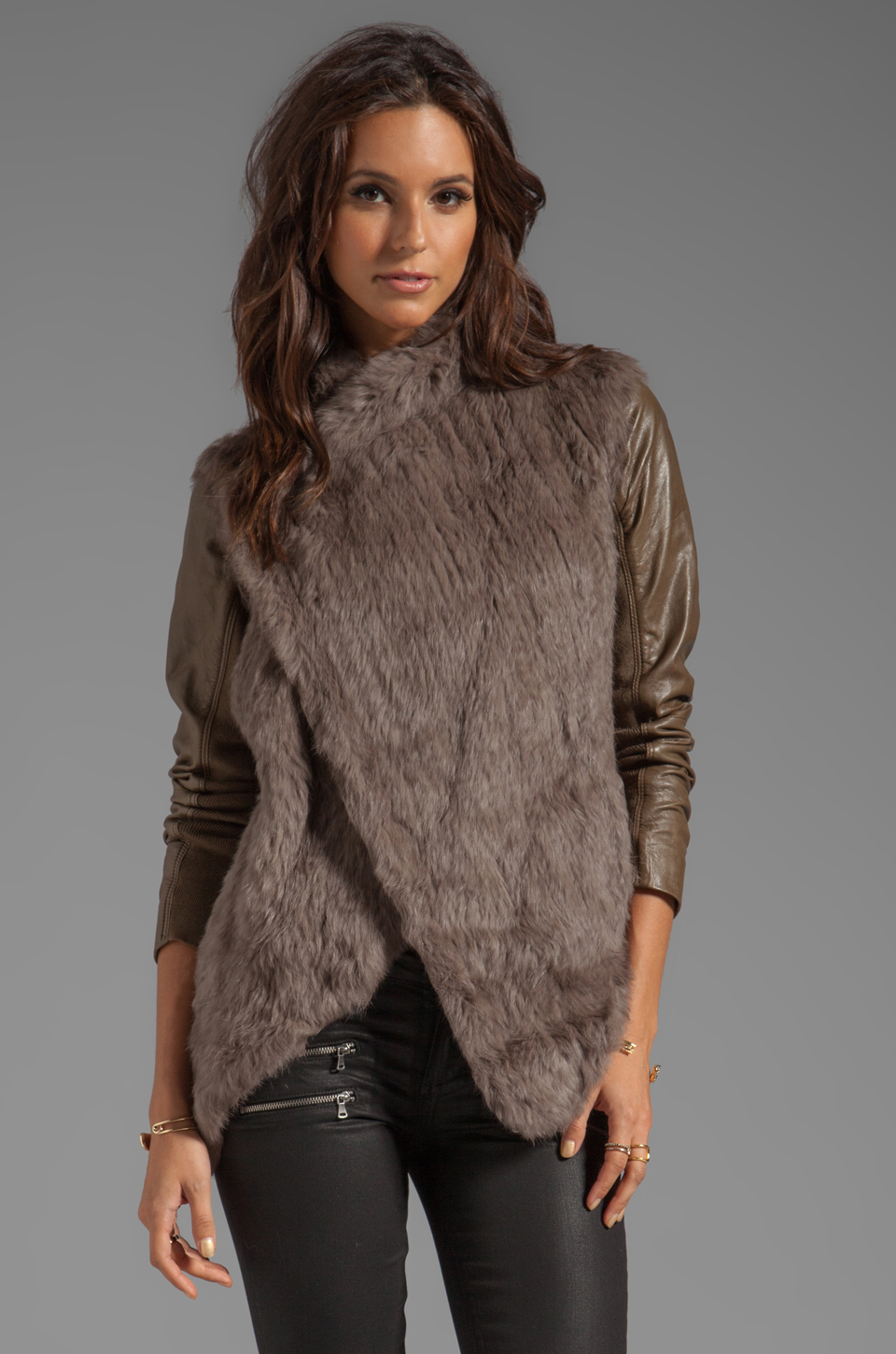 Lyst June Knit Fur Jacket with Leather Sleeves in Taupe in Brown