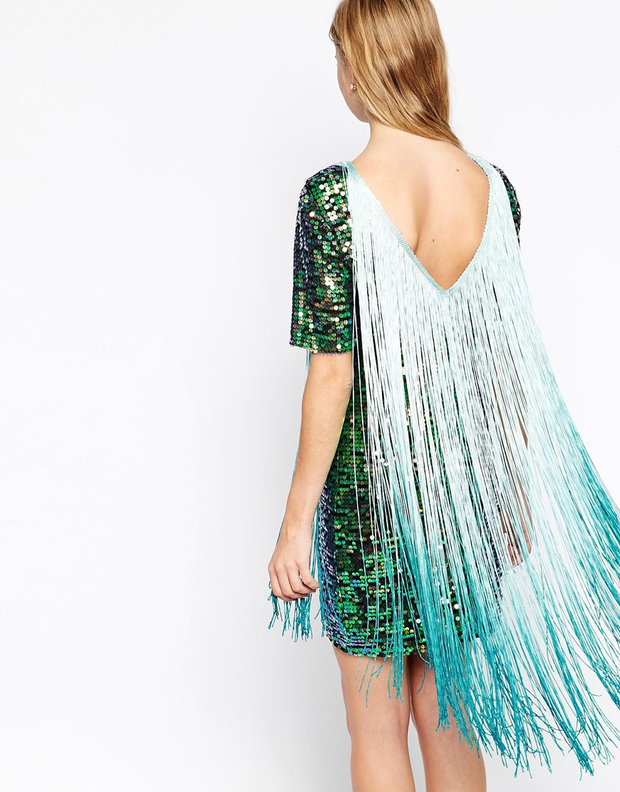 ASOS T-shirt Sequin Fringe Dress in White - Lyst