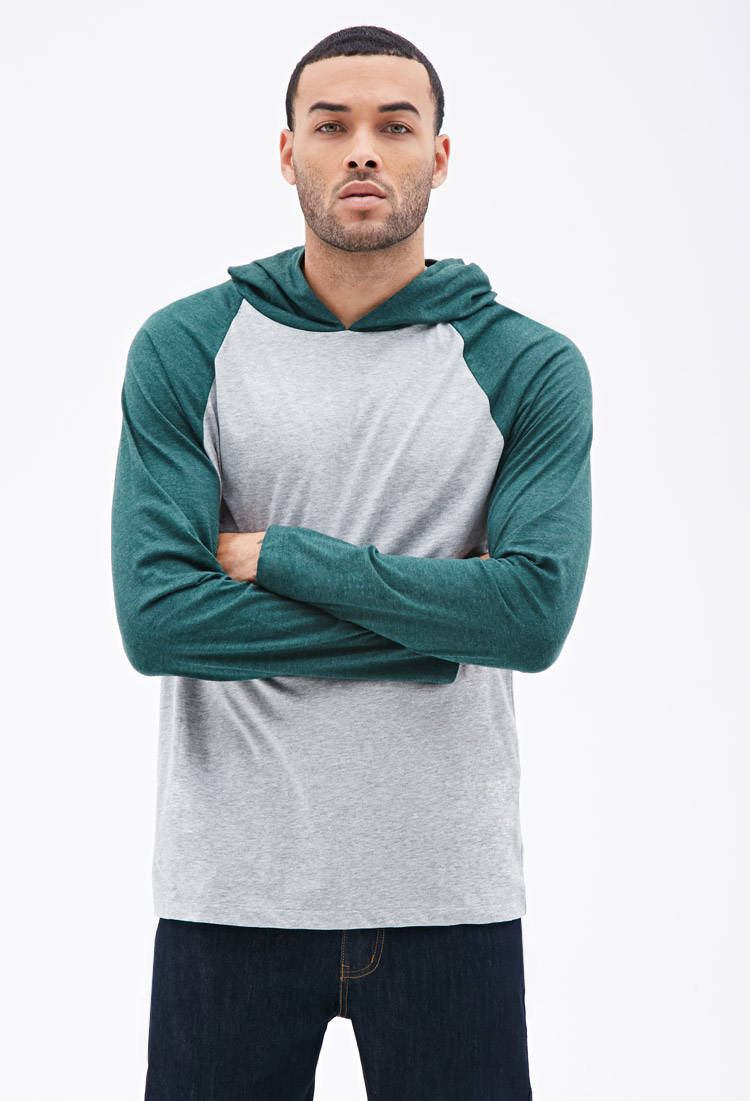 Forever 21 Hooded Baseball Tee in Heather Grey/Green (Gray) for Men - Lyst