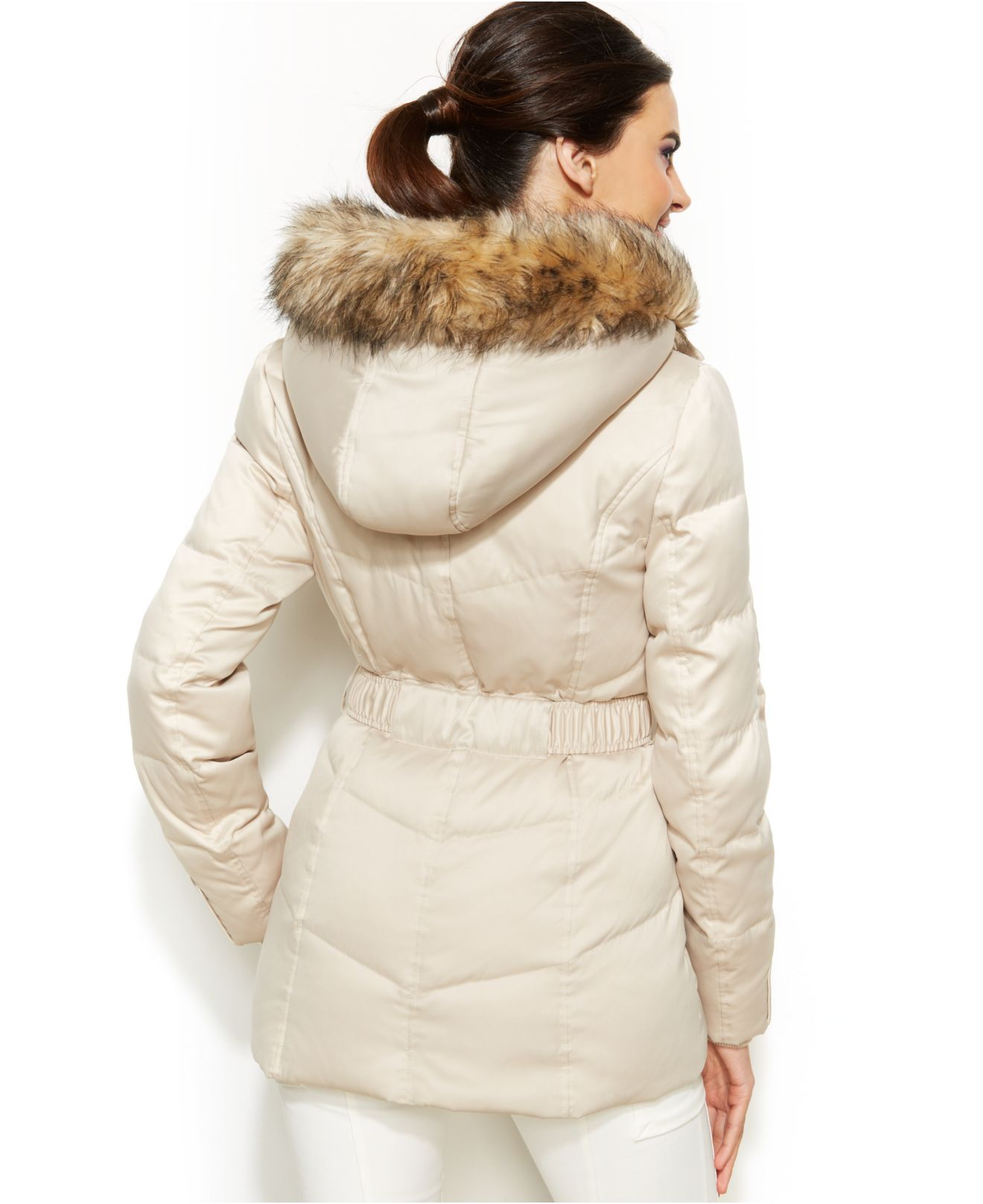 DKNY Hooded Faux-Fur-Trim Belted Down Puffer Coat in Beige (Natural) - Lyst