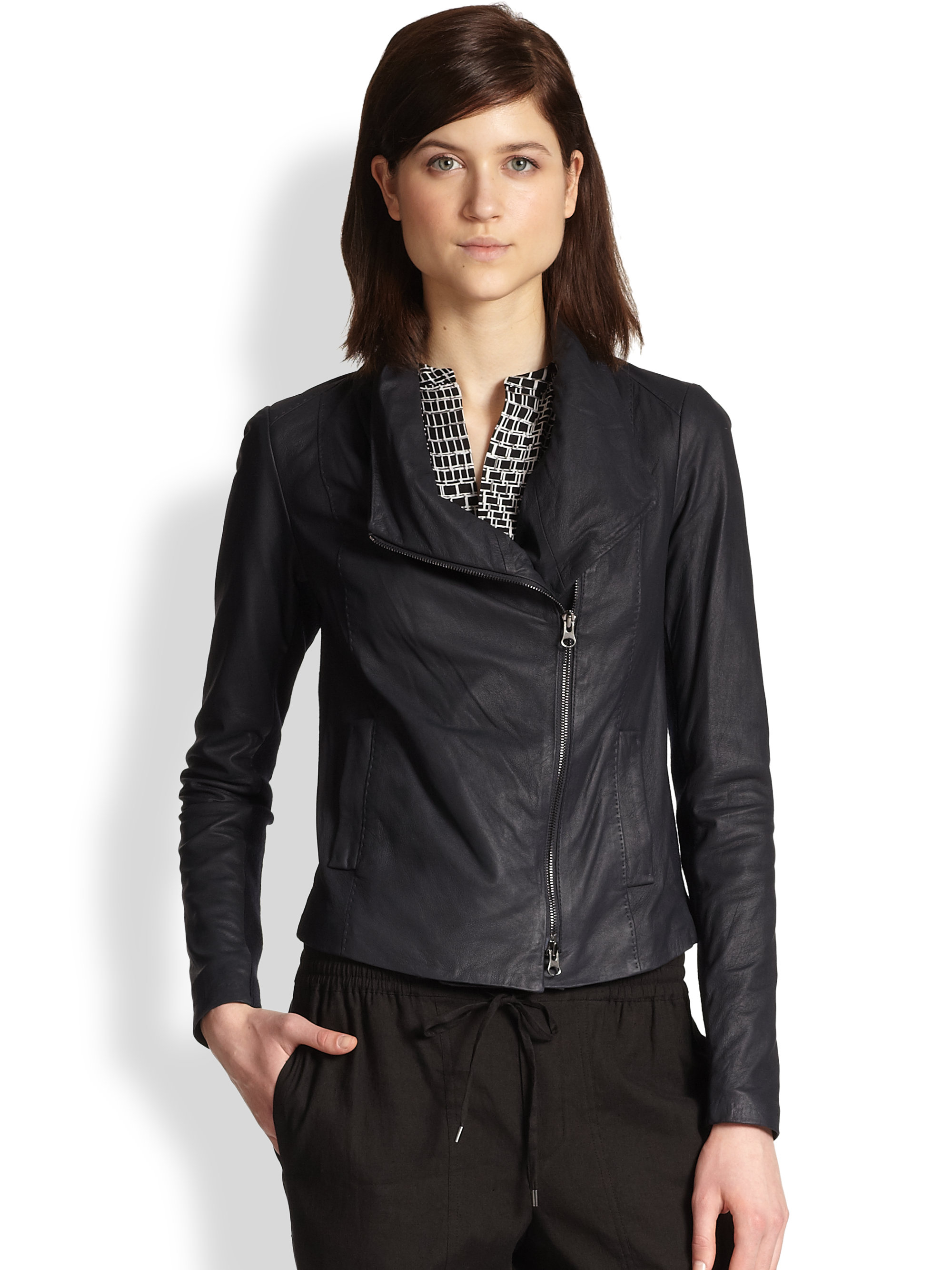 Vince Paper Leather Jacket in Blue | Lyst