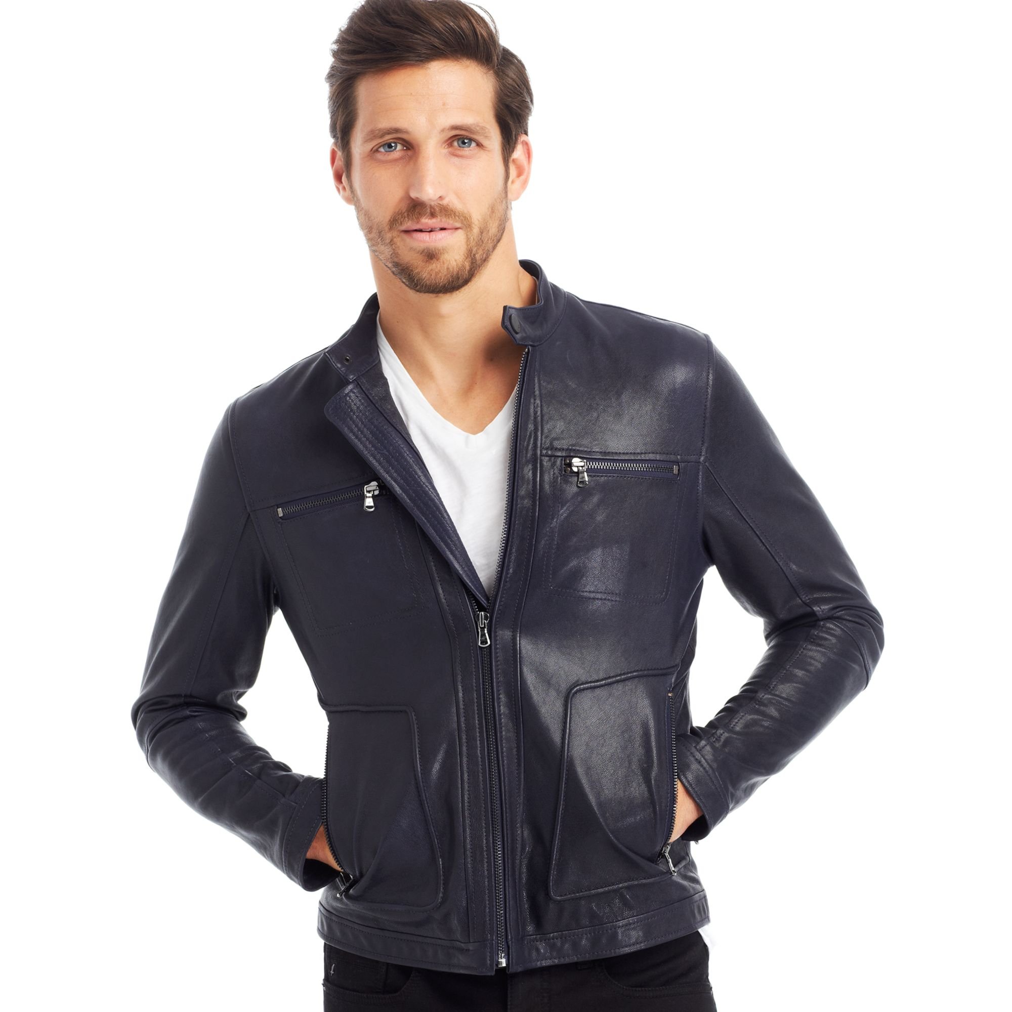 Kenneth Cole Zip Pockets Leather Motorcycle Jacket in Indigo (Blue) for ...