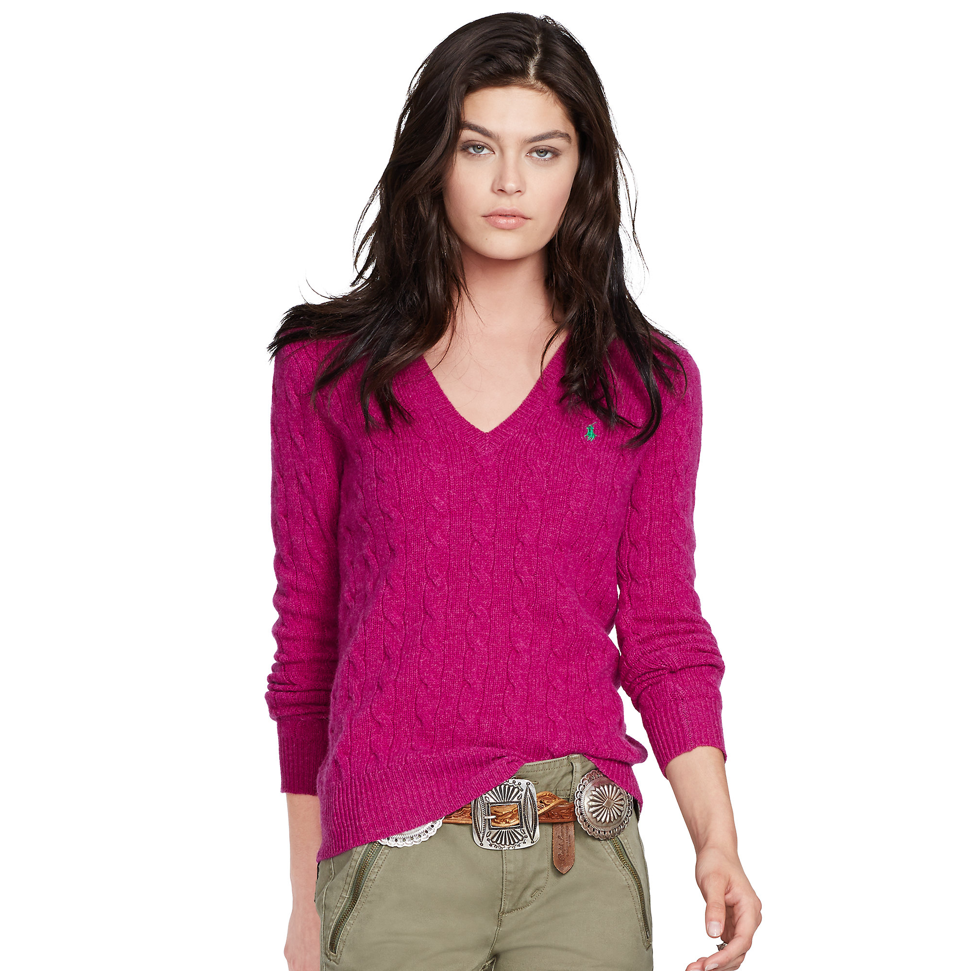 Polo ralph lauren Cable-Knit V-Neck Sweater in Purple | Lyst