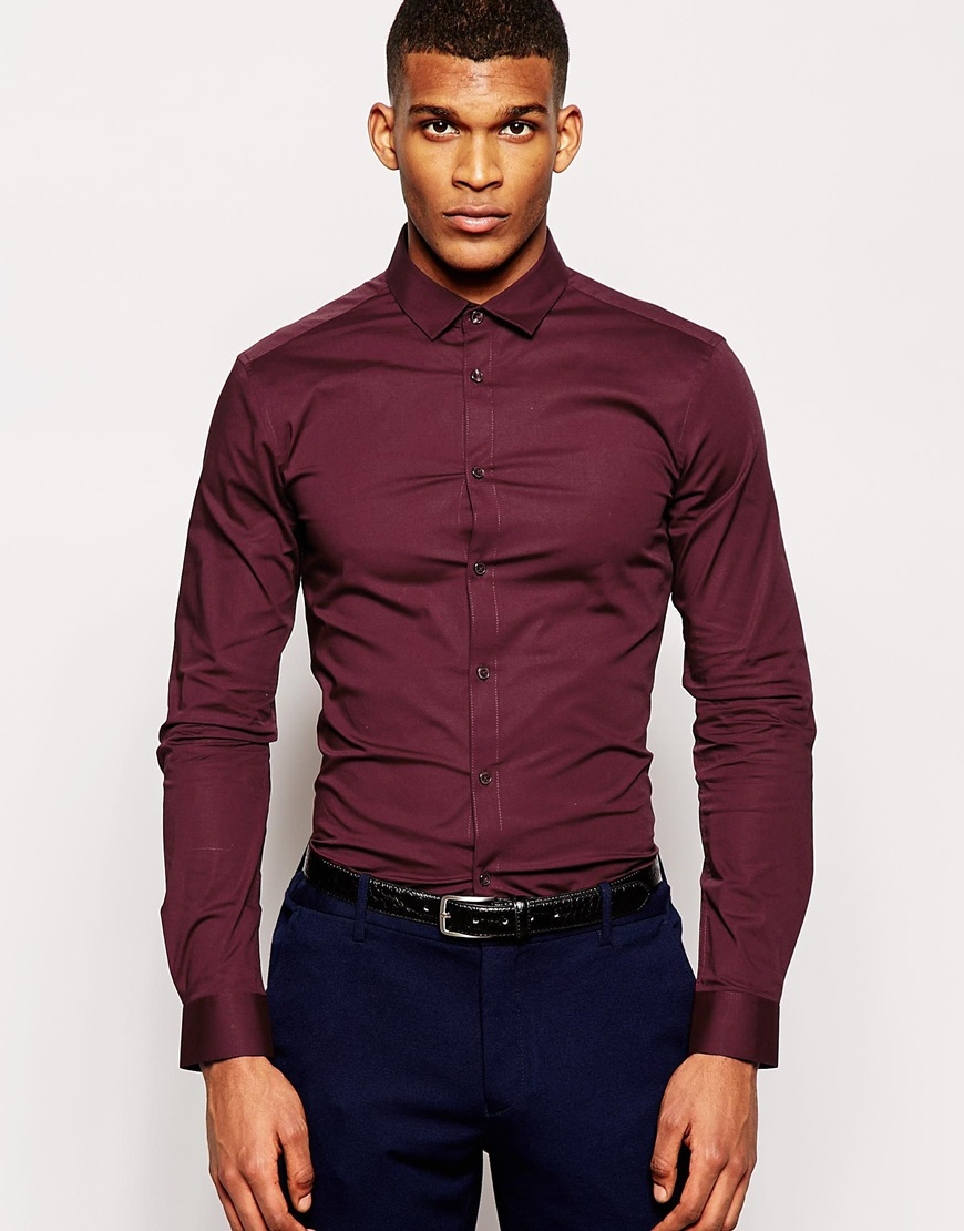 Lyst - Asos Skinny Fit Shirt In Burgundy With Long Sleeves in Purple ...