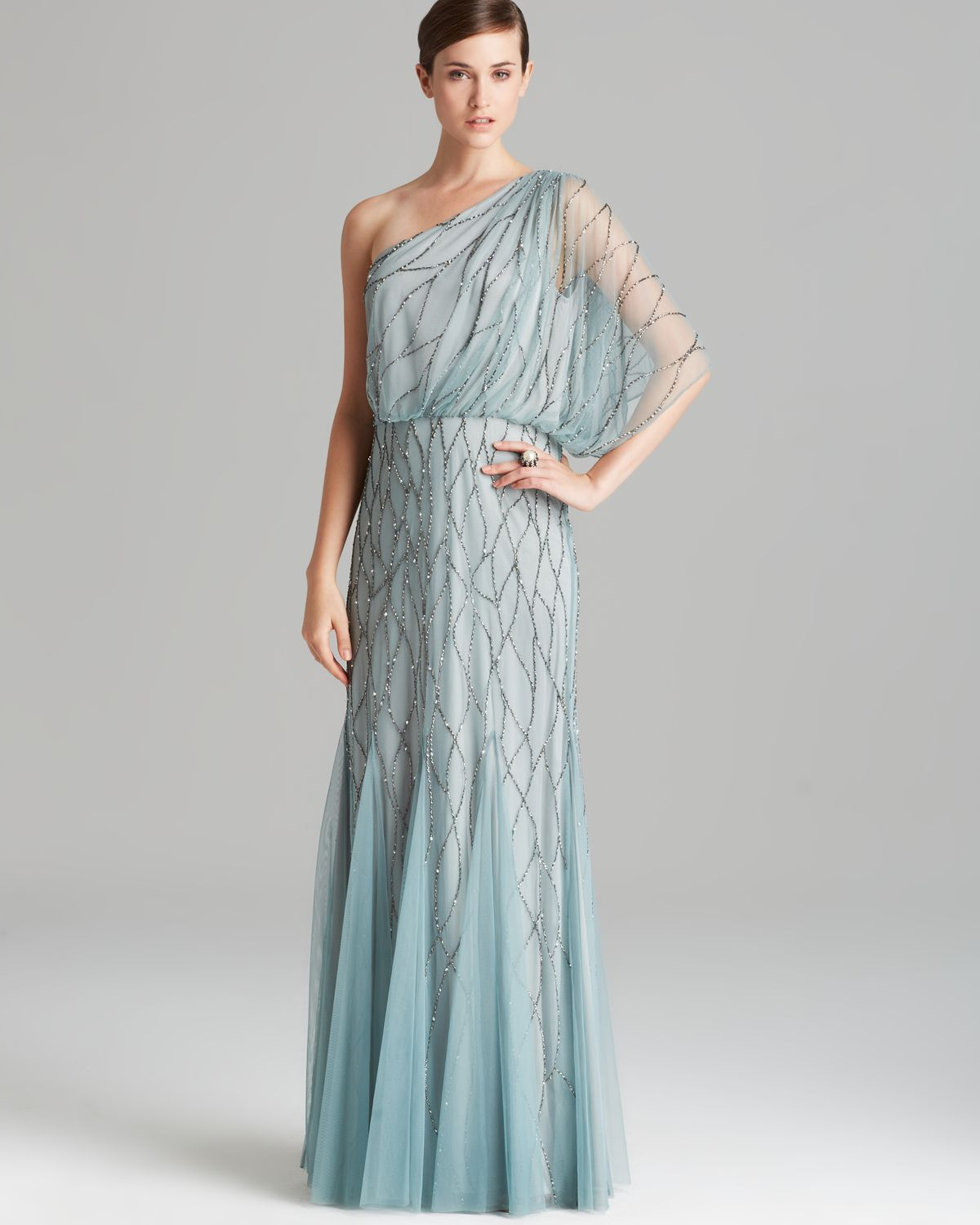 Adrianna Papell Gown One Shoulder Blouson with Beaded Mesh in Blue | Lyst