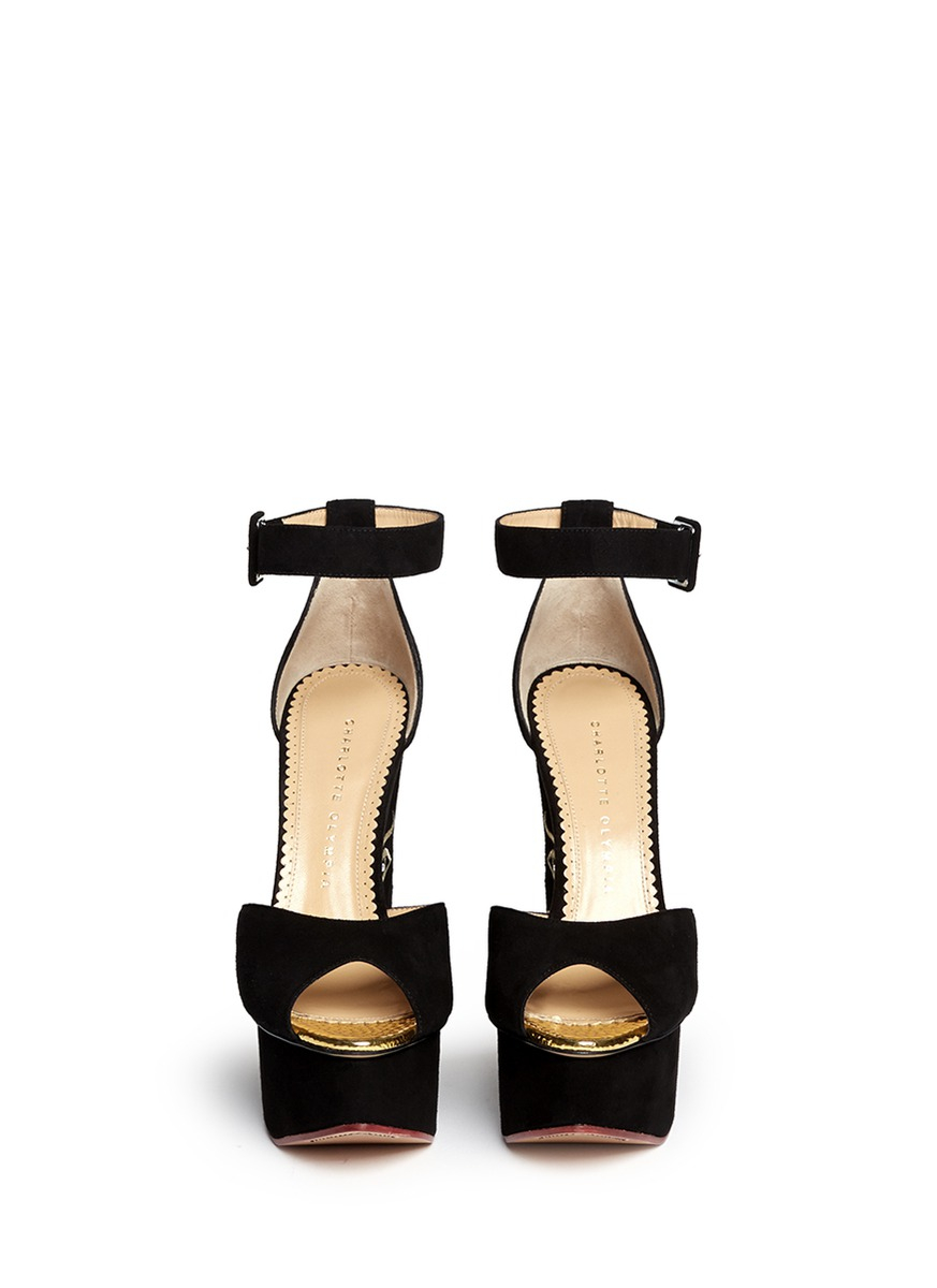 Charlotte Olympia 'two-faced' Suede Peep Toe Wedge Sandals in Black - Lyst