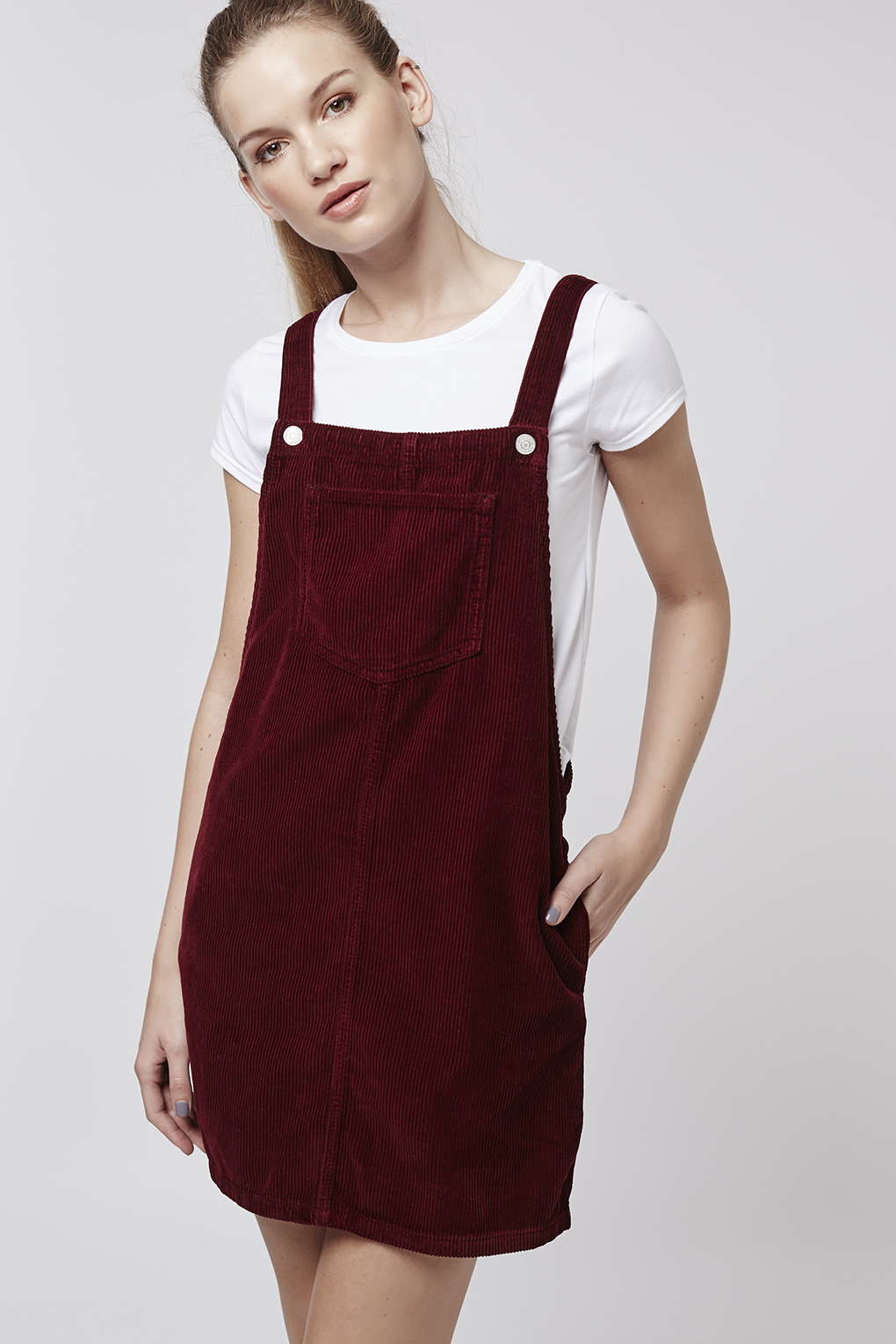 maroon cord pinafore dress