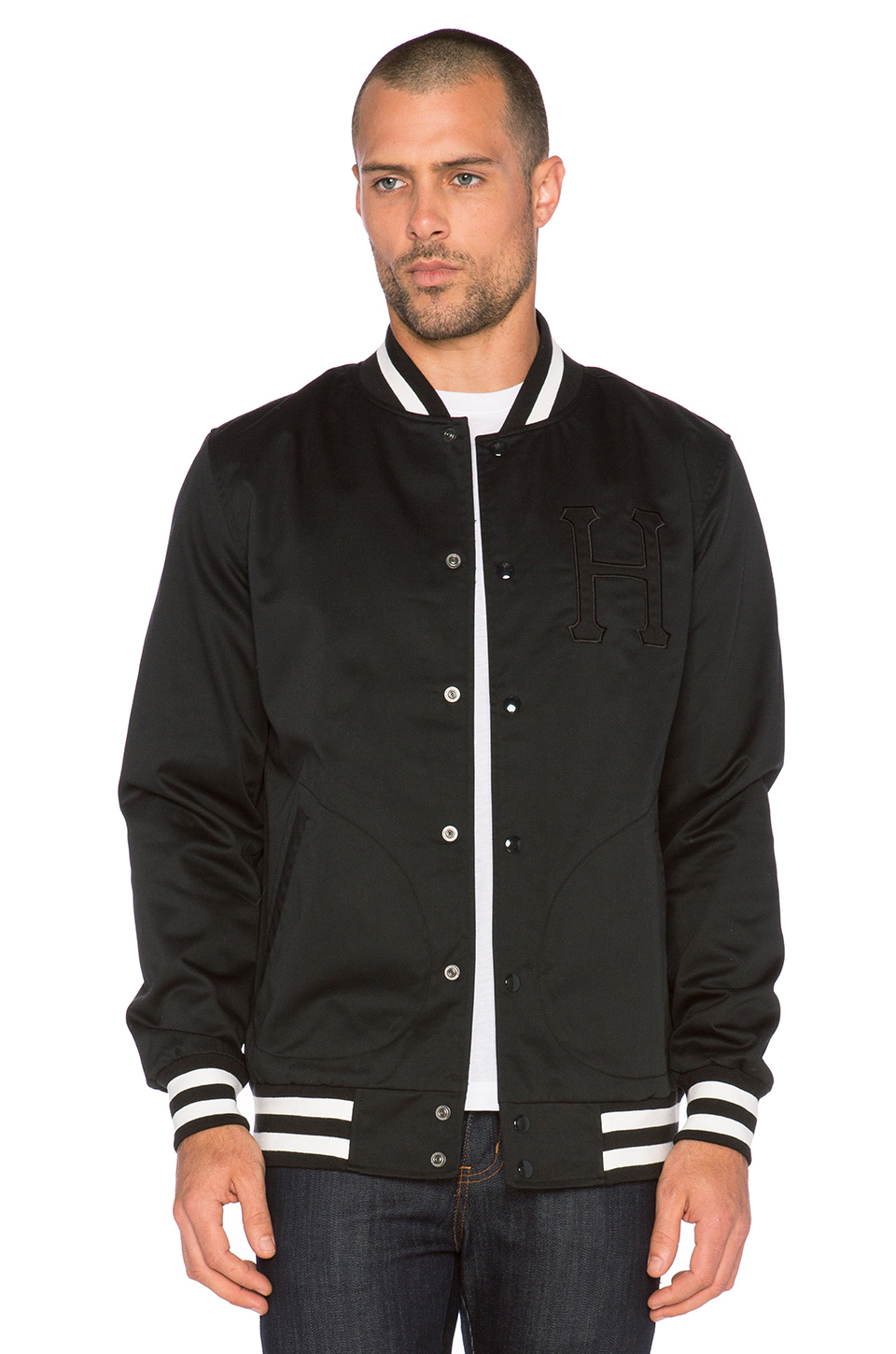Shop by category Custom Letterman Jackets For Men Custom letterman jackets for men made of Top Quality Wool Navy Blue and Genuine Leather Sleeves in top grain white. We used the high quality acrylic ribbing bottom, collar and cuffs for this custom Letterman Jackets for men.