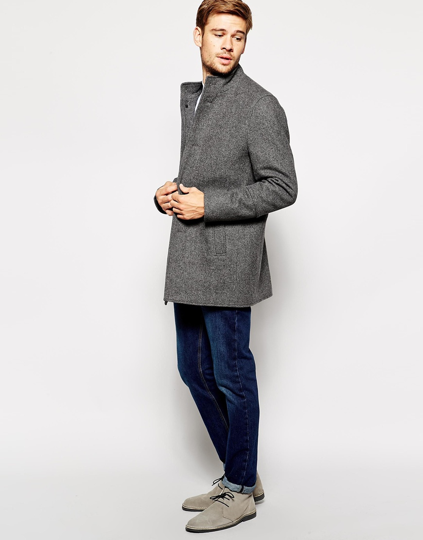 SELECTED Wool Coat With Funnel Neck in Gray for Men - Lyst