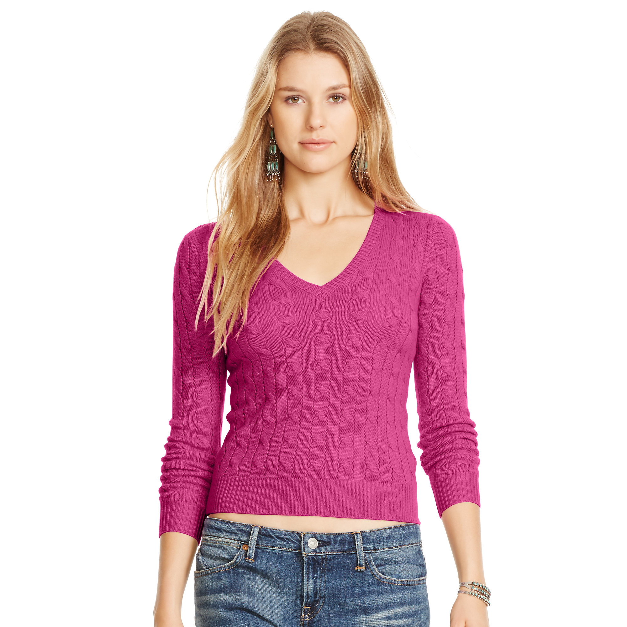Polo ralph lauren Cabled Cashmere V-neck Sweater in Purple (berry) | Lyst
