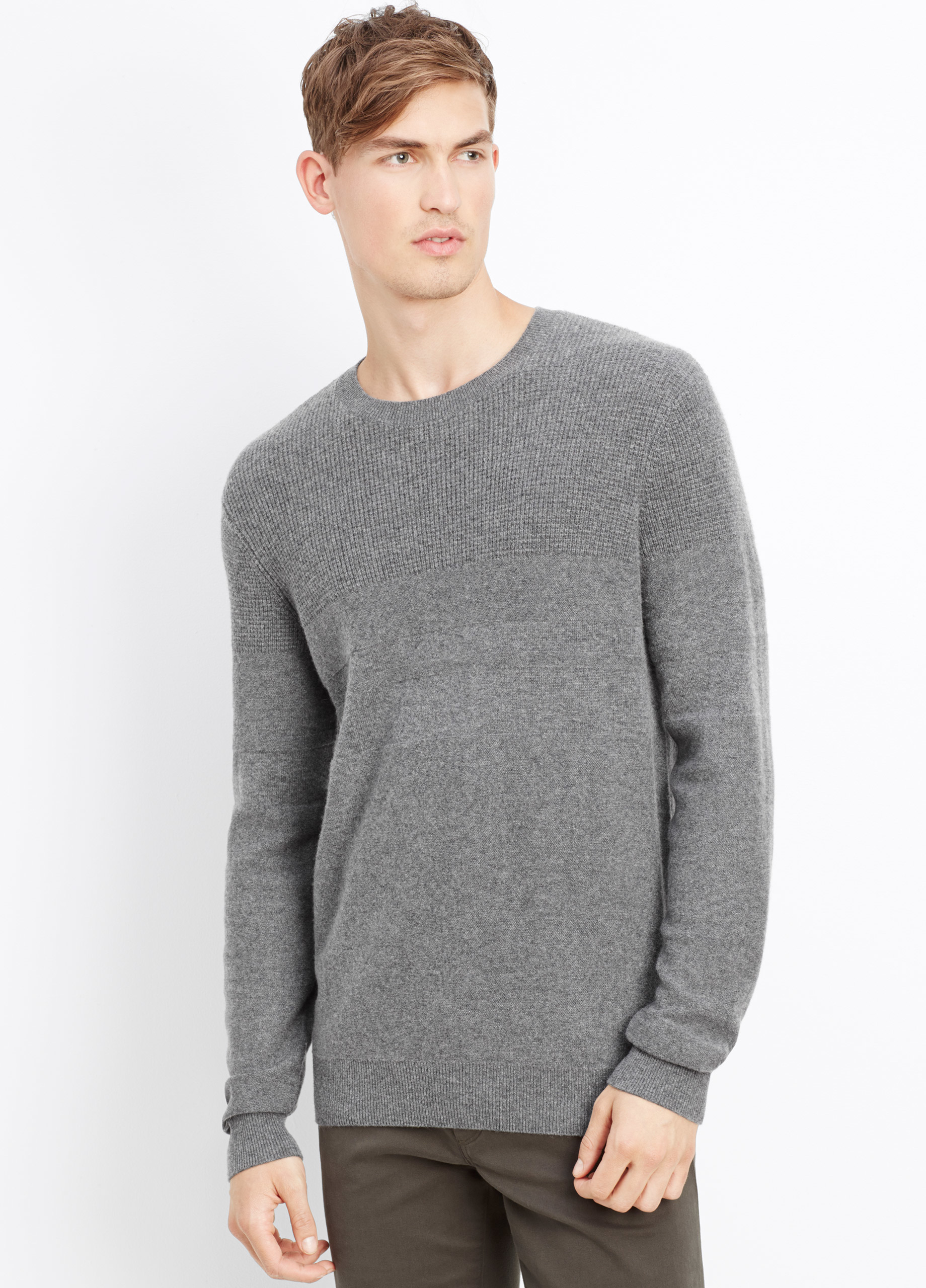 Vince Wool Cashmere Mixed Stitch Crew Neck Sweater in h Carbon (Black ...