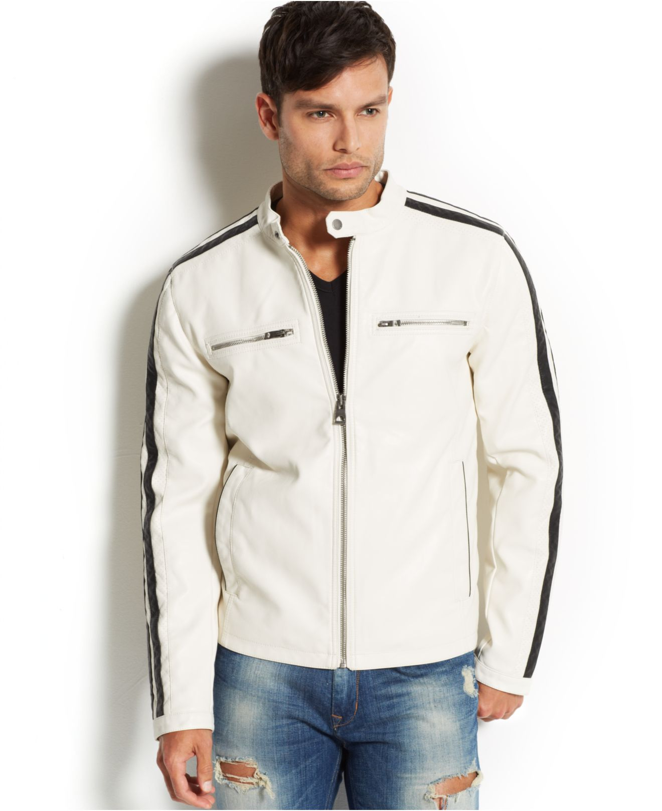Guess Faux-Leather Moto Jacket in White for Men | Lyst