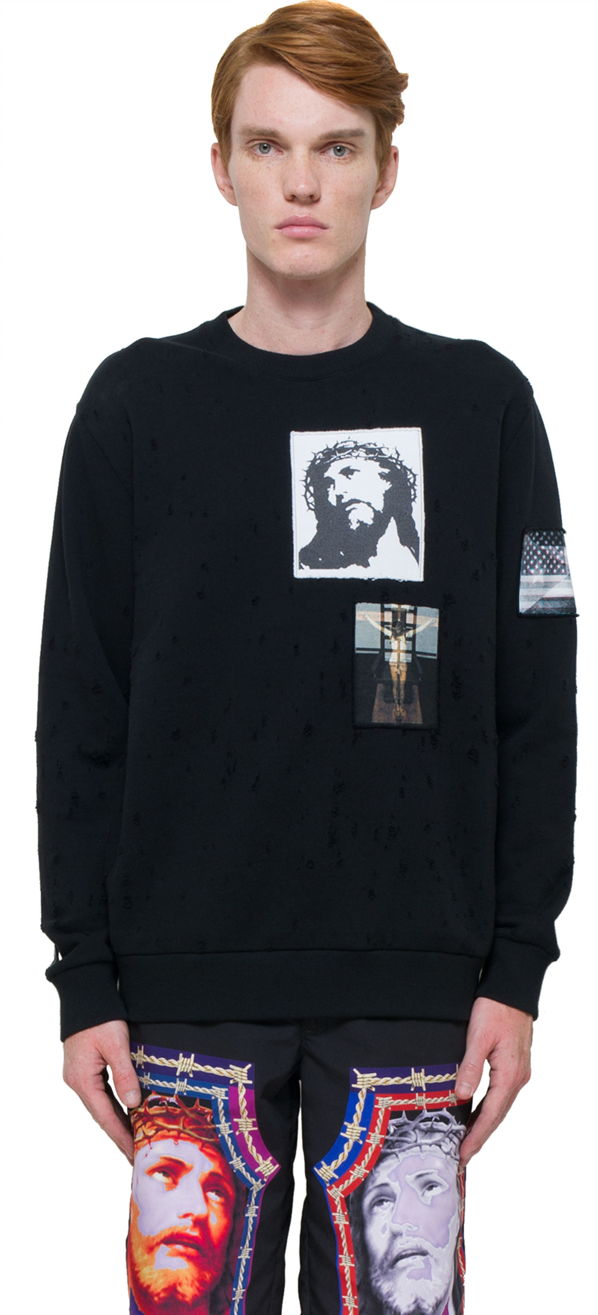 GIVENCHY Jesus Patchwork Cotton Oversized Sweatshirt S Black