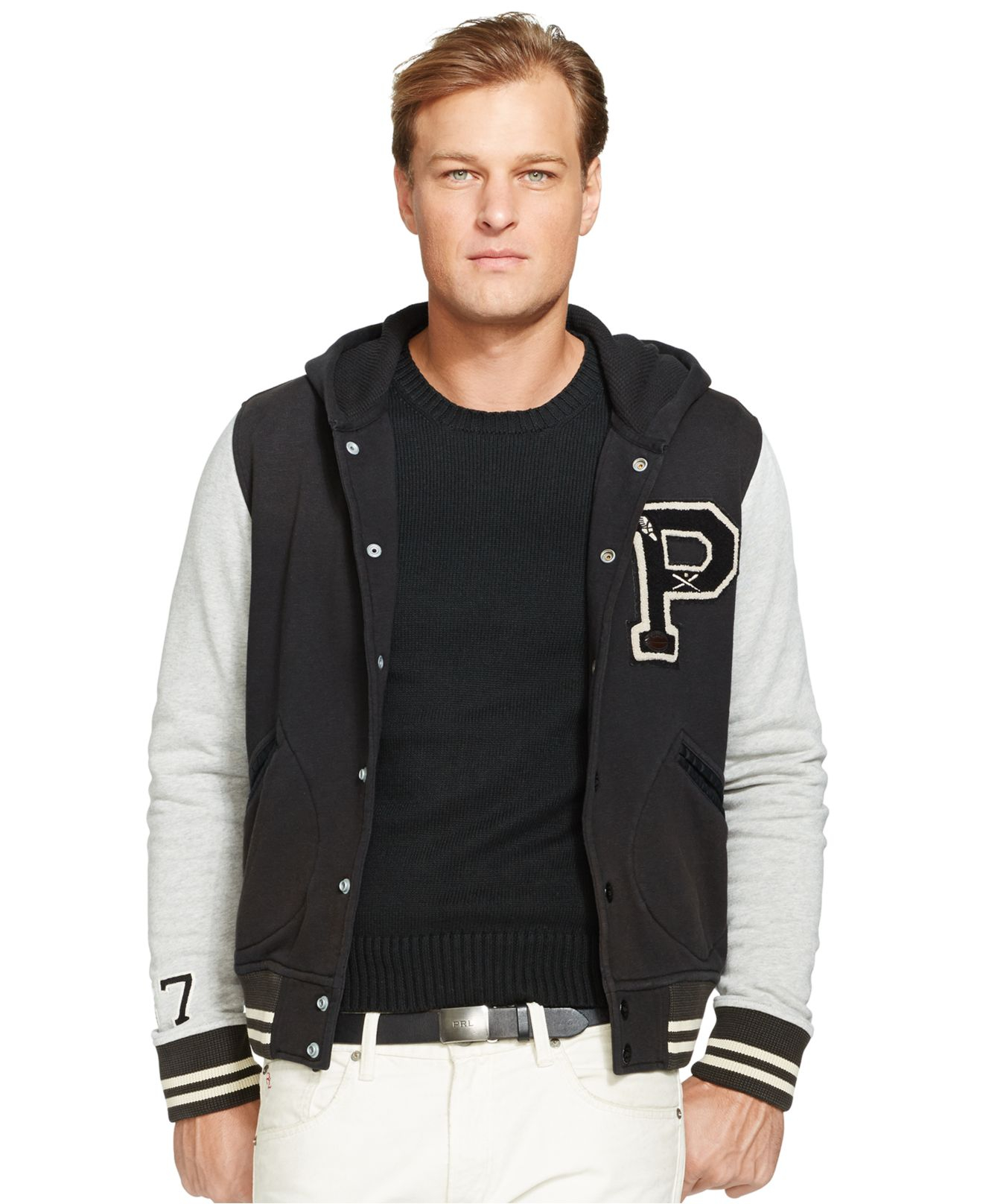 Polo Ralph Lauren Big And Tall Hooded Varsity Jacket in Black/ Silver ...