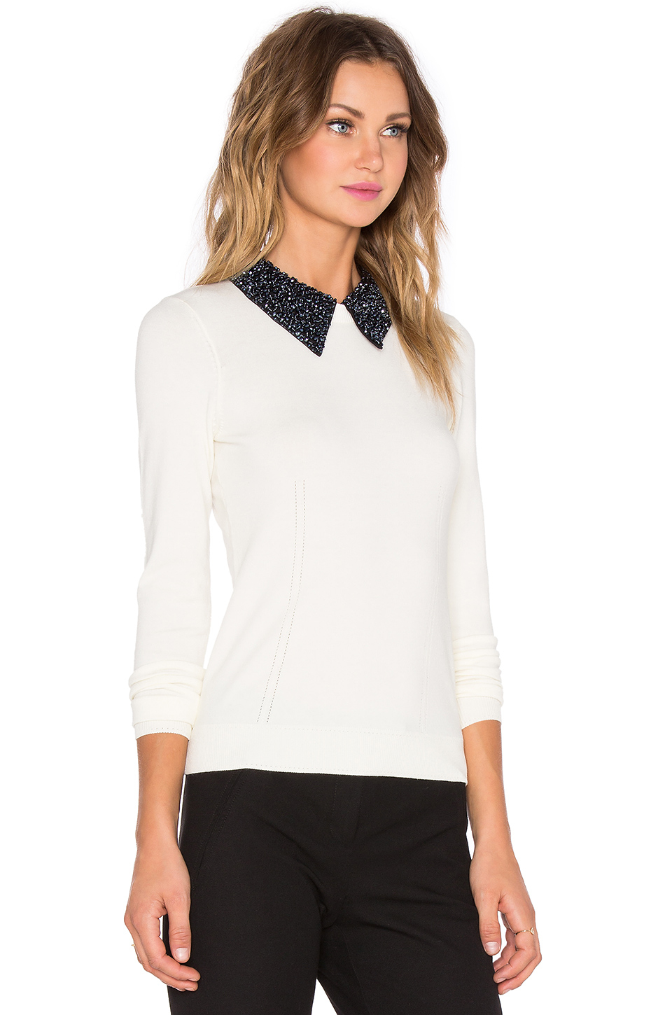 Lyst Milly Beaded Tuxedo Collar Sweater in Black