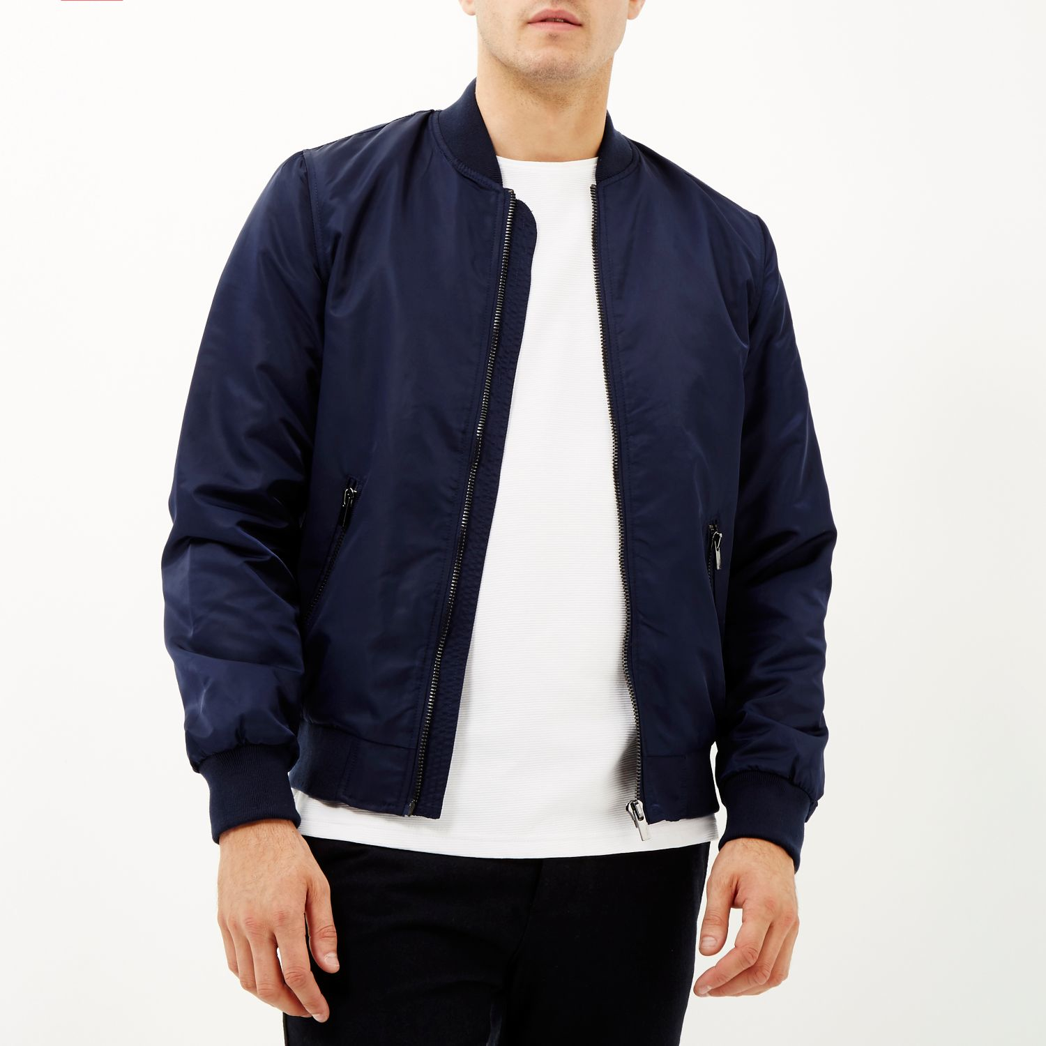 Navy blue leather bomber jacket – Modern fashion jacket photo blog