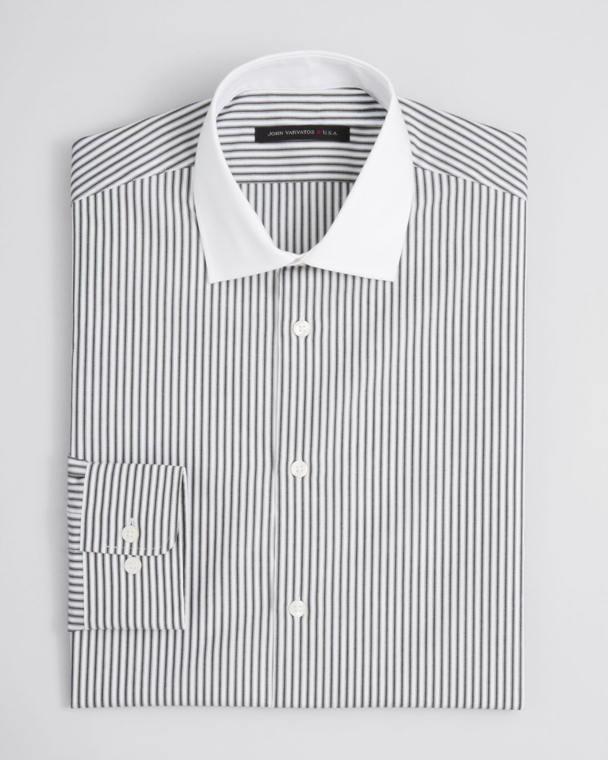 mens black and white striped dress shirt with white collar