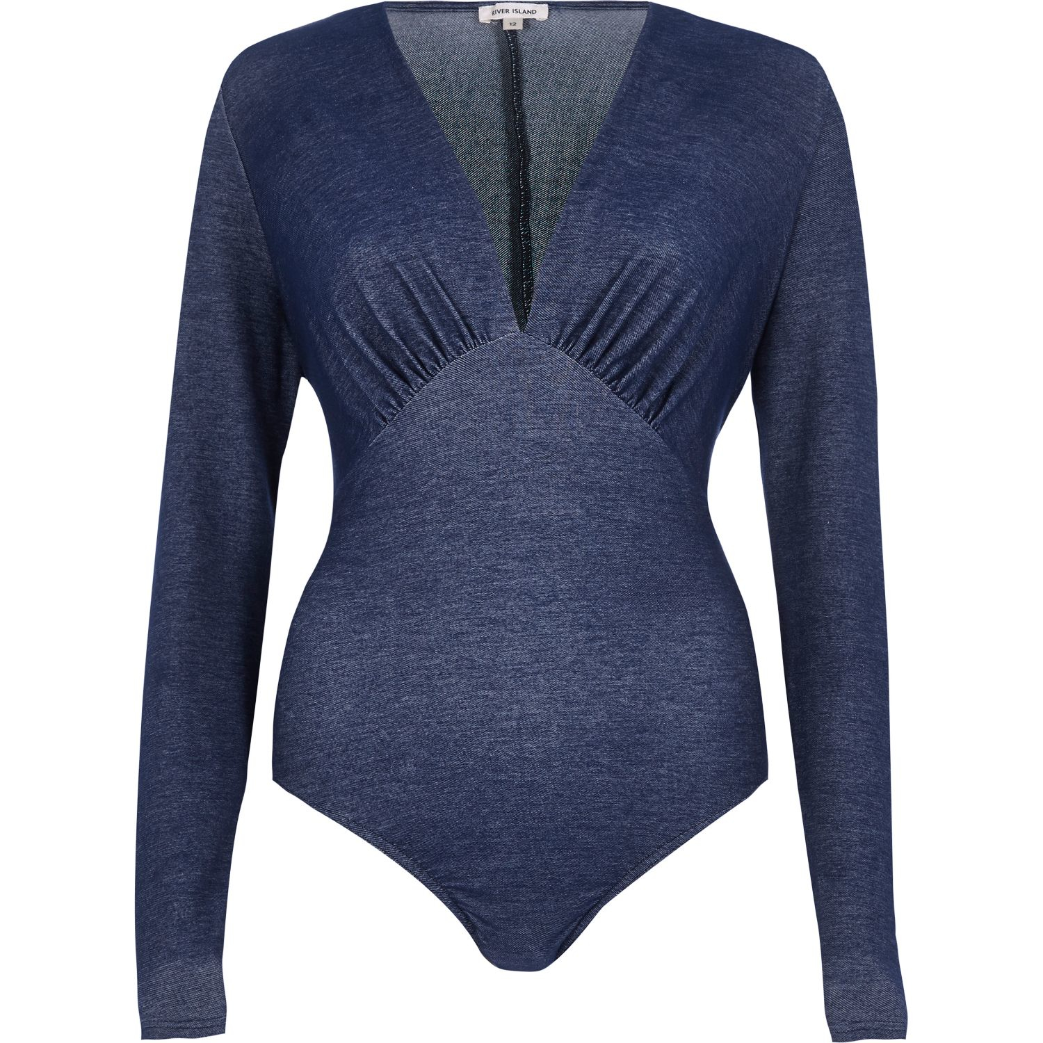 River Island Denim Look Plunge Bodysuit in Blue Lyst