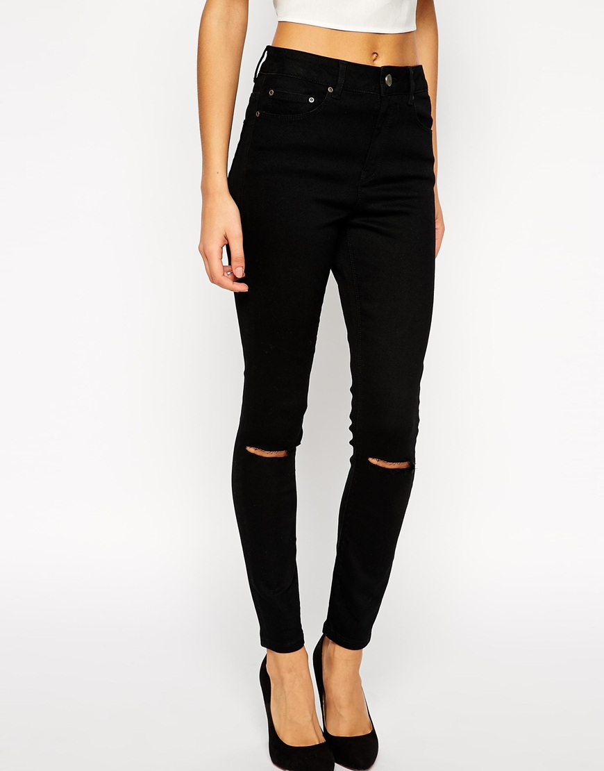 Lyst - Asos Ridley Skinny Ankle Grazer Jeans In Clean Black With Ripped ...