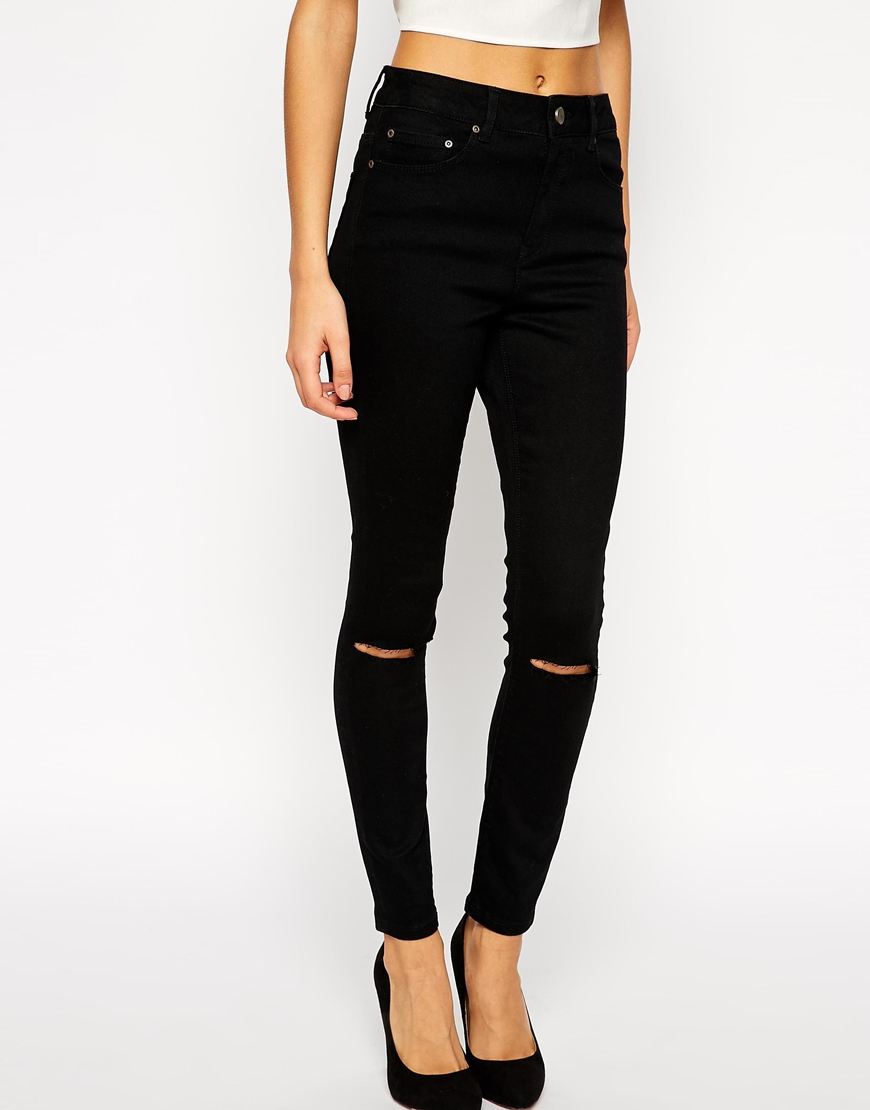 Lyst - Asos Ridley Skinny Ankle Grazer Jeans In Clean Black With Ripped Knees in Black