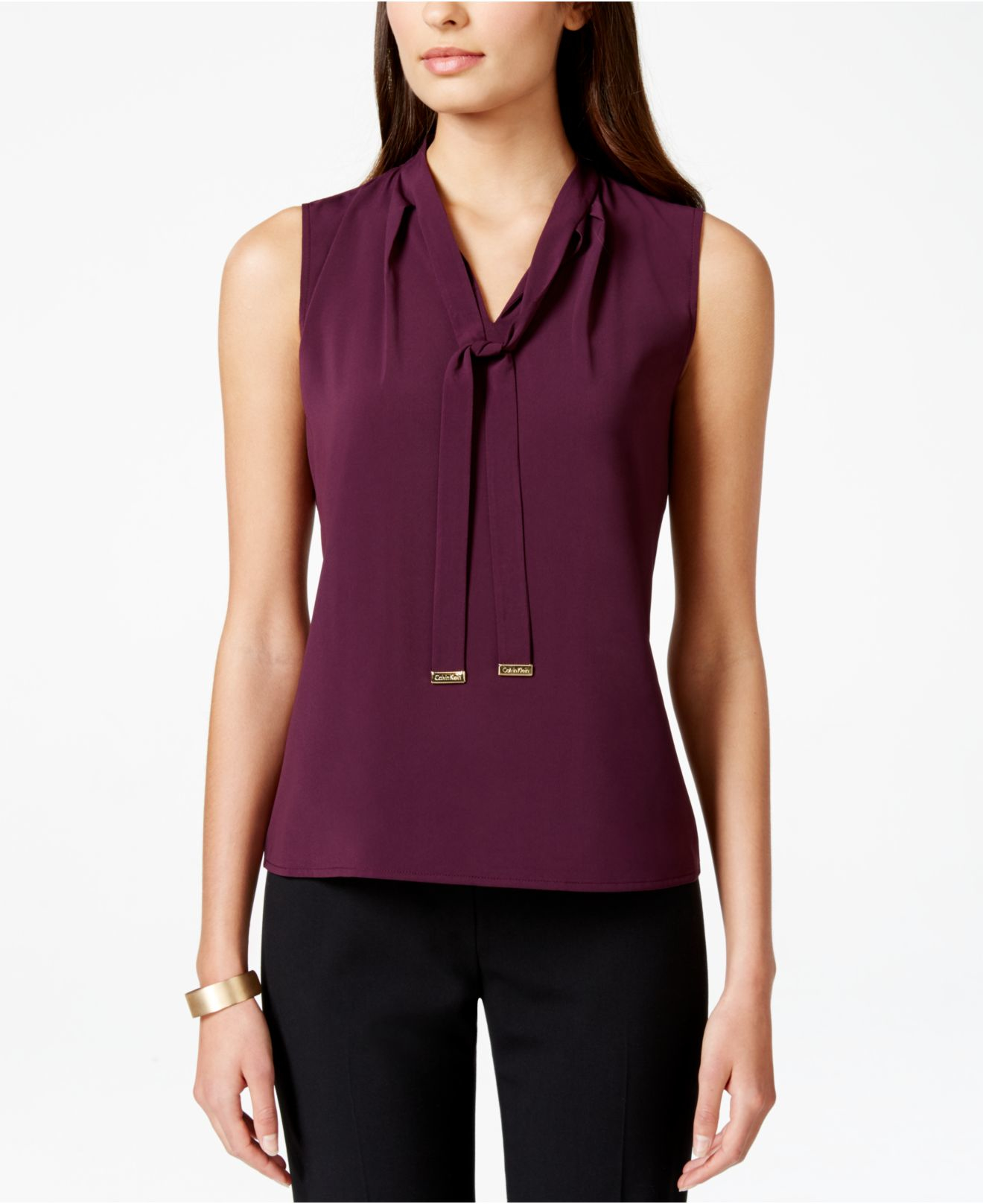 Calvin Klein Sleeveless Tie-neck Blouse in Purple | Lyst
