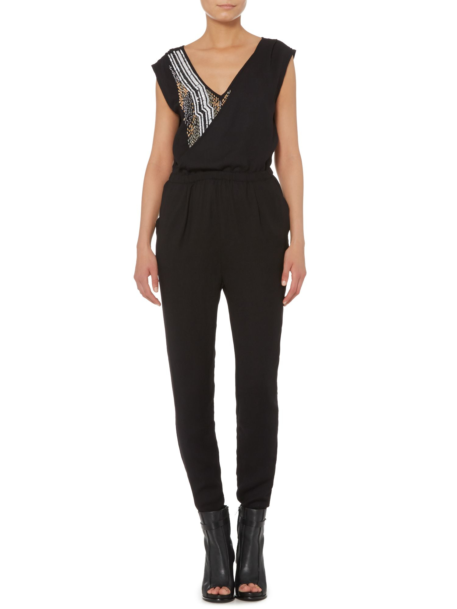 Label lab Beaded Neckline Woven Jumpsuit in Black Lyst