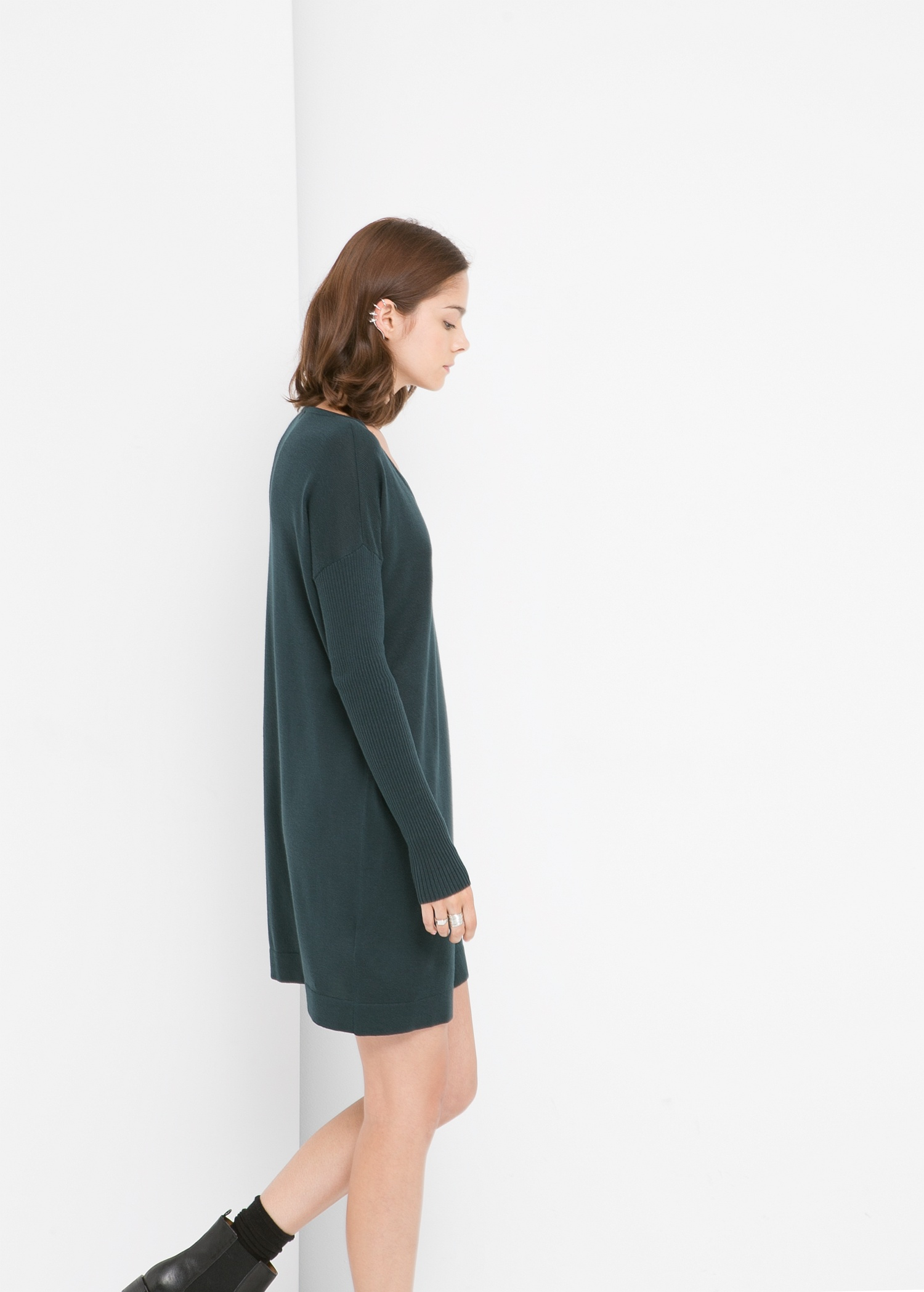 Mango Ribbed Sleeve Dress in Forest Green (Green) Lyst