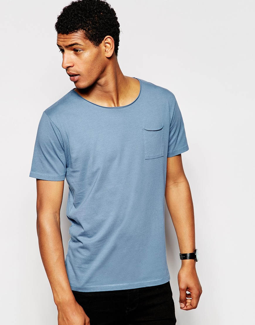 SELECTED Scoop Neck T-shirt With Pocket in Blue for Men | Lyst