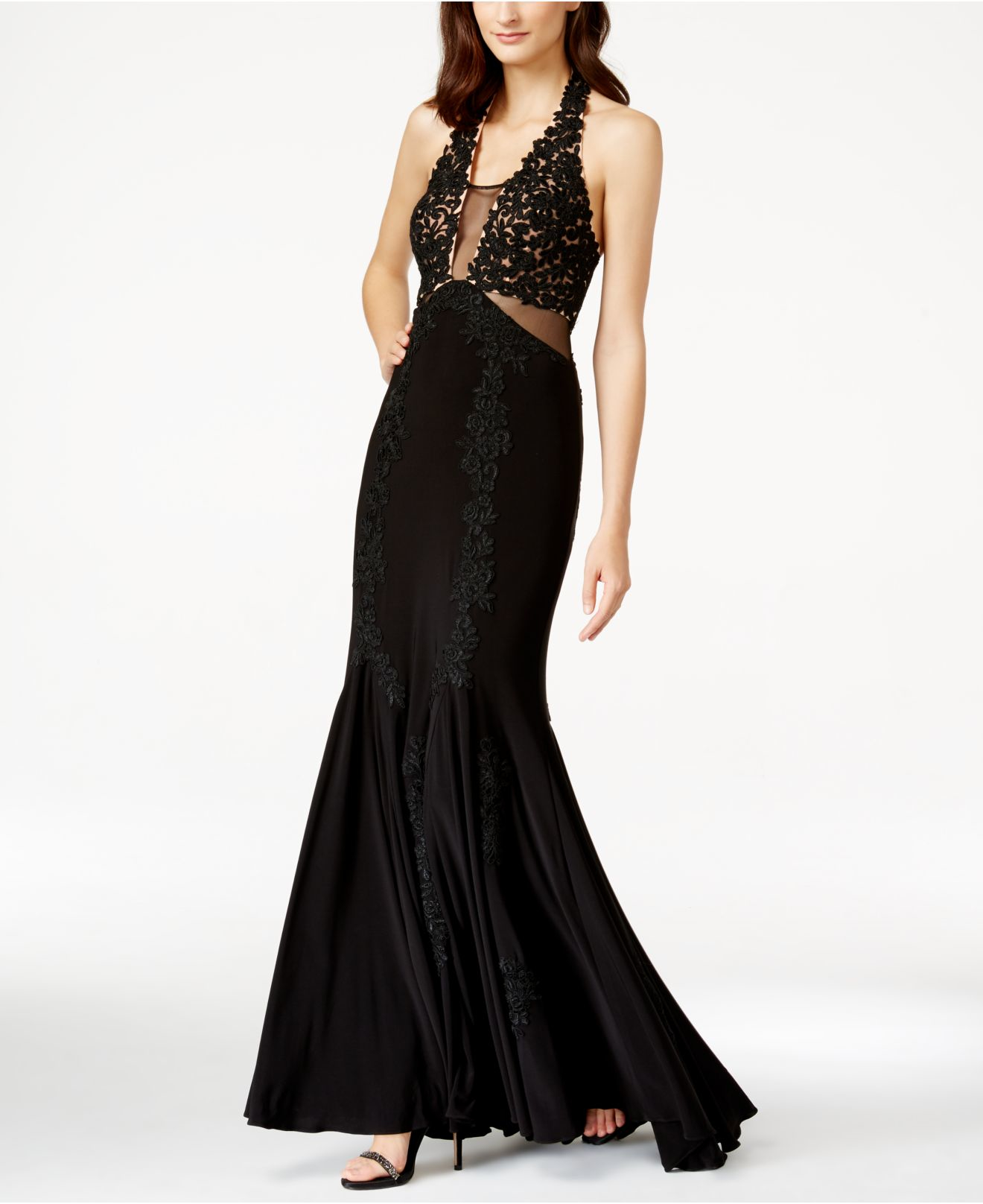 Betsy & adam Embroidered Illusion Mermaid Halter Gown in Black | Lyst