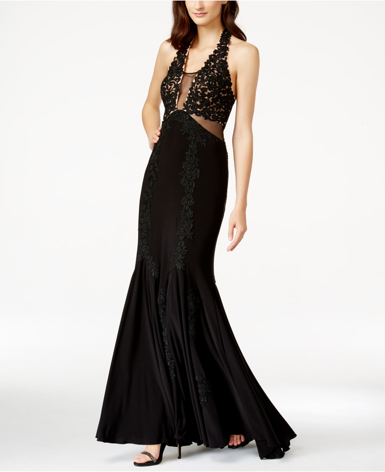 betsy and adam embellished chiffon illusion gown