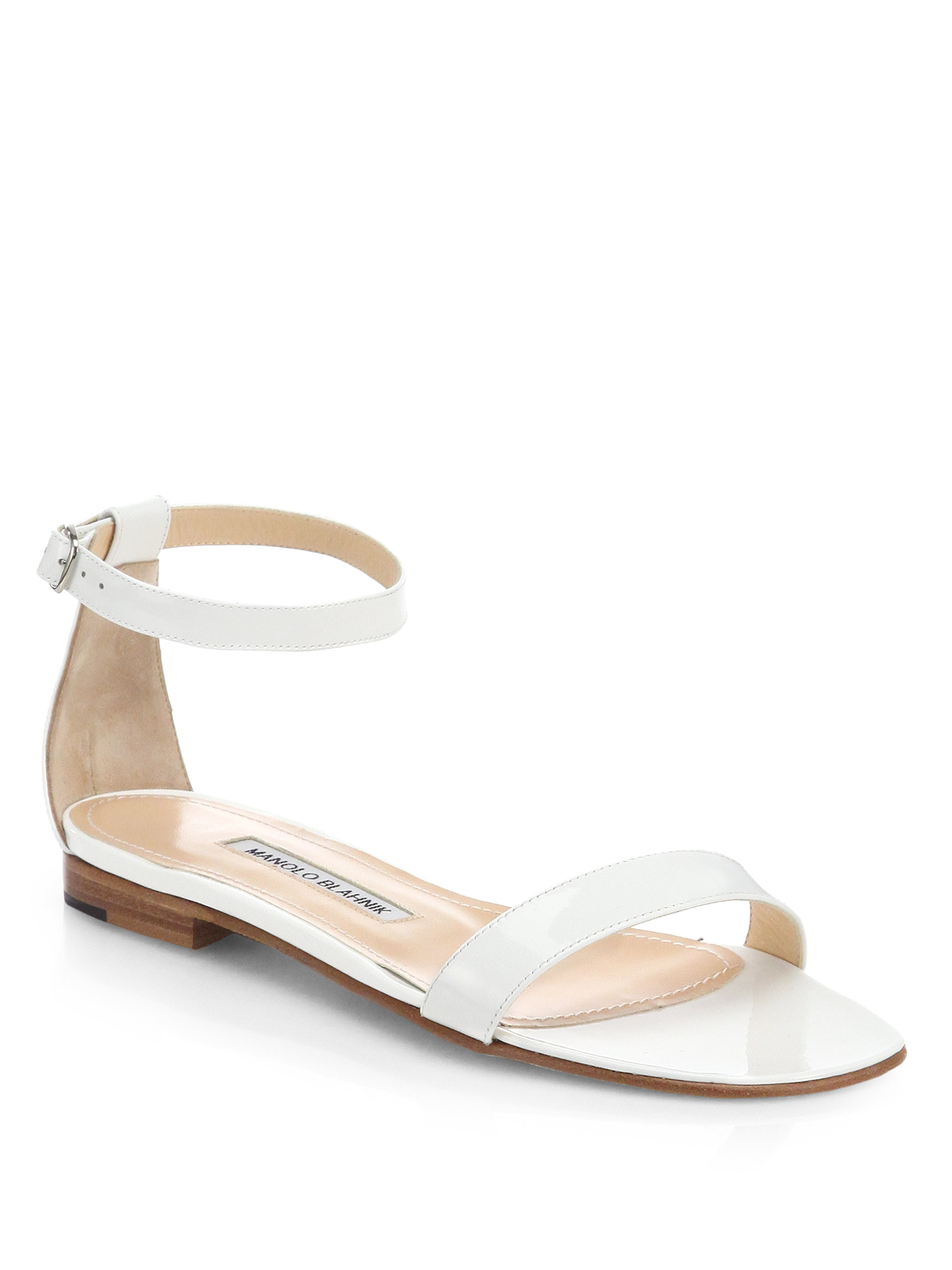 Manolo blahnik Chafla Patent Leather Ankle-Strap Sandals in White | Lyst