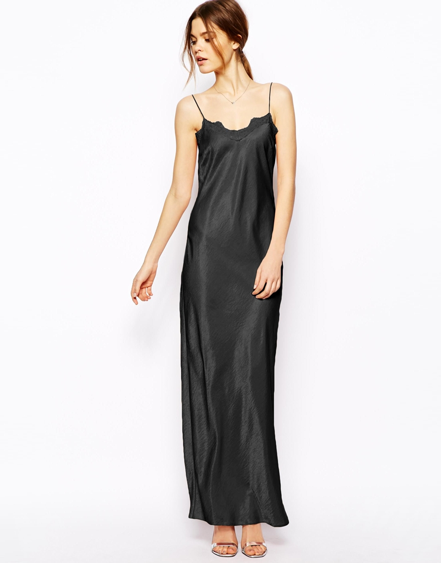 black satin dress with lace trim
