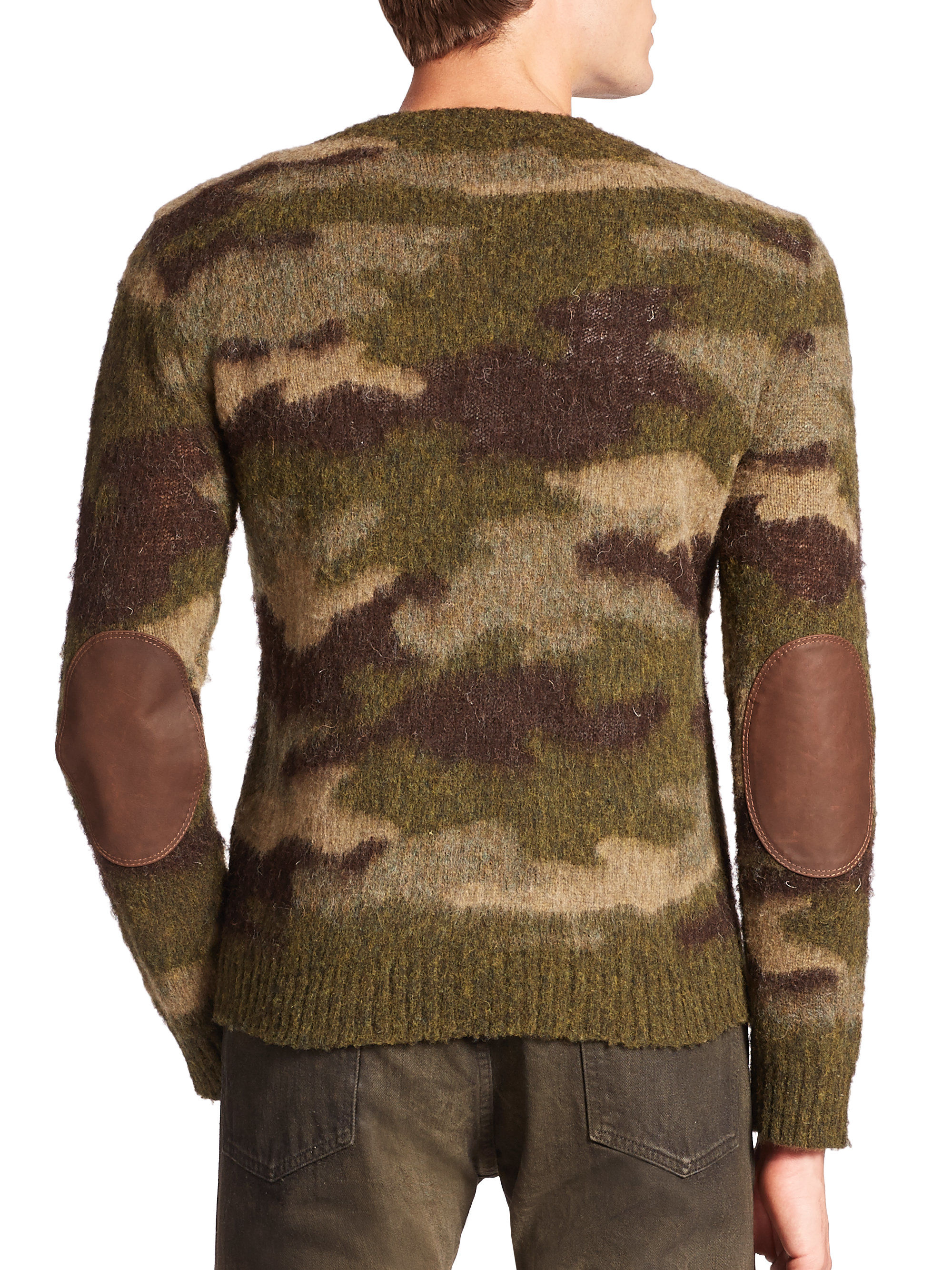 Polo Ralph Lauren Camouflage Leather-trimmed Wool Crewneck Sweater in Green-Camo (Green) for Men 