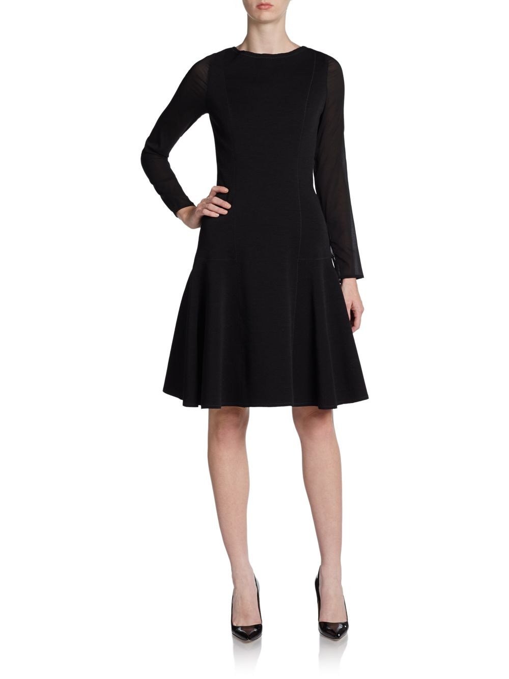Oscar de la renta Chiffonsleeve Fit Flare Dress in Black | Lyst
