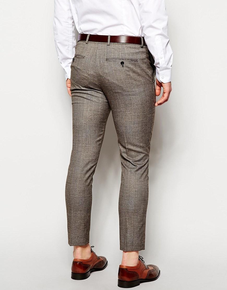 SELECTED Selected Check Cropped Suit Trousers In Skinny Fit in Brown ...