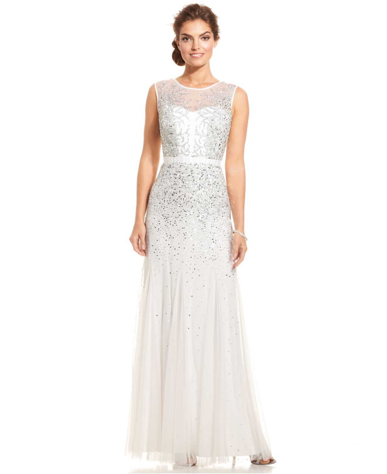 Adrianna Papell Sleeveless Beaded Illusion Gown in Ivory (White) - Lyst