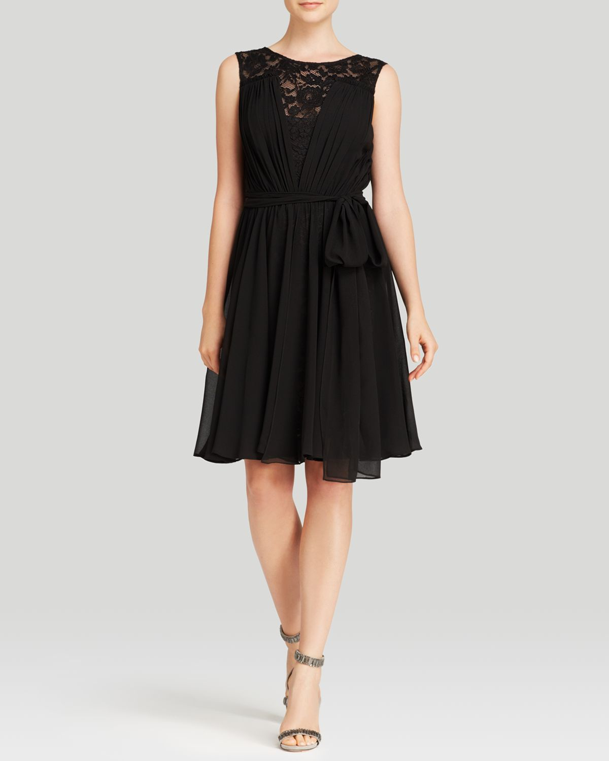 Vera wang Dress - Sleeveless Lace Illusion Neck Chiffon Fit And Flare in Black | Lyst