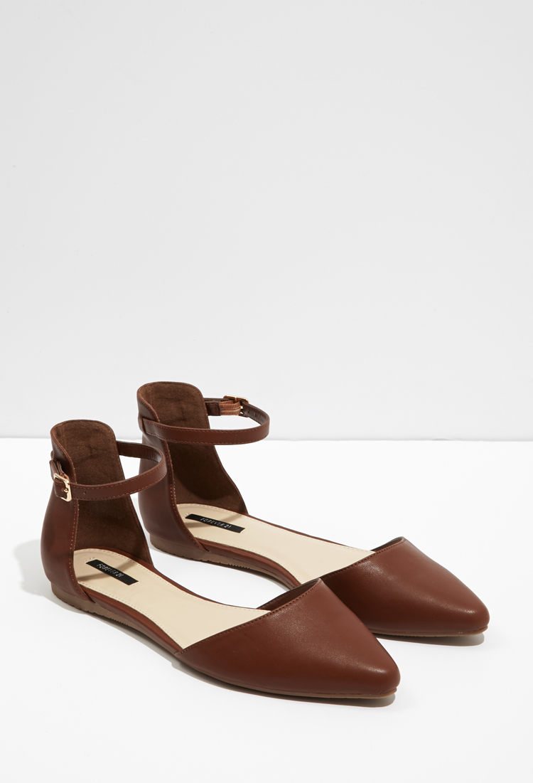 Forever 21 Synthetic Pointed Ankle-strap Flats in Brown - Lyst