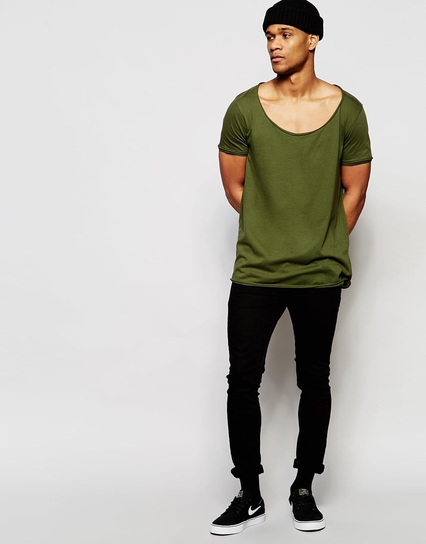 ASOS Longline T-shirt With Wide Scoop Neck And Raw Edge In Green for Men |  Lyst