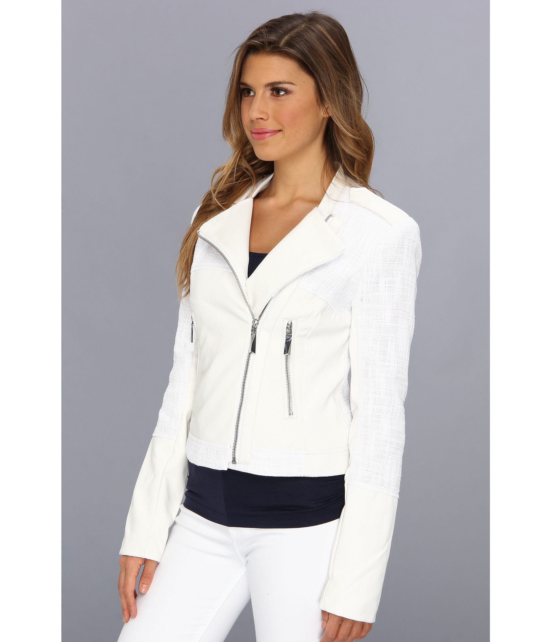 Vince camuto Faux Leather & Tweed Moto Jacket F8131 in White | Lyst