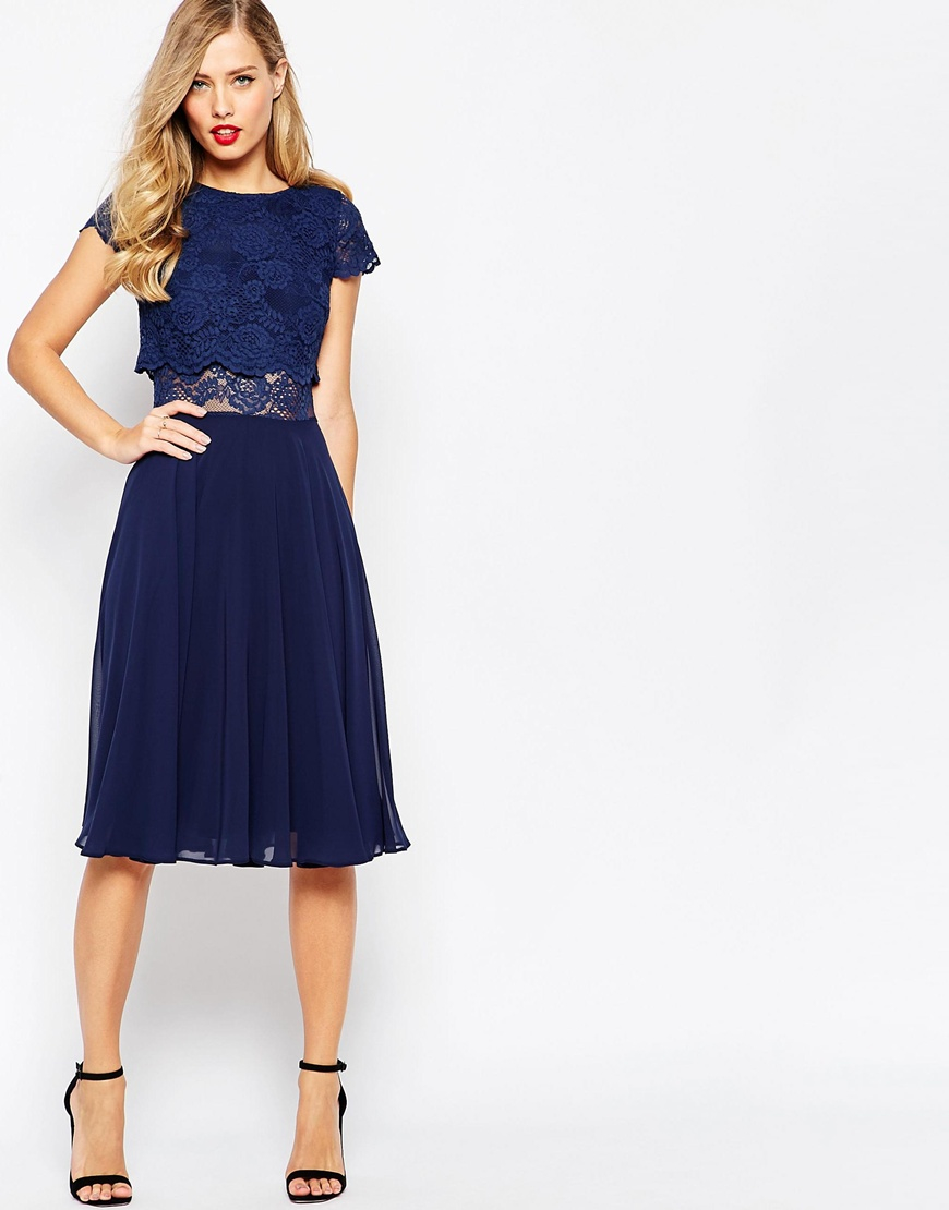 Asos Crop Top Lace Midi Dress in Blue | Lyst