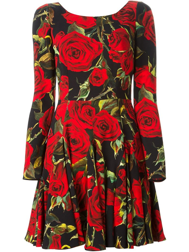 Dolce & Gabbana Rose Print Dress in Black (Red) | Lyst