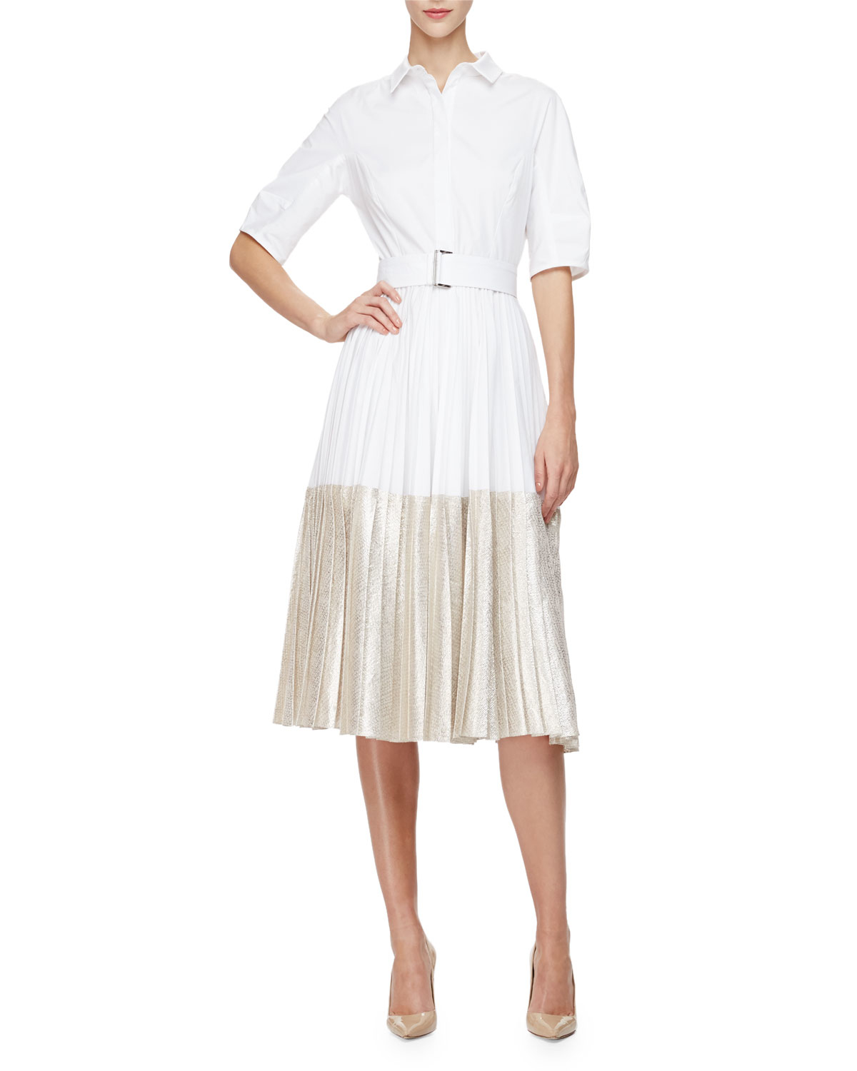 Two Tone Midi Shirtdress half sleeve two tone midi shirtdress in gold Two Tone Midi Shirtdress half sleeve two tone midi shirtdress in gold
