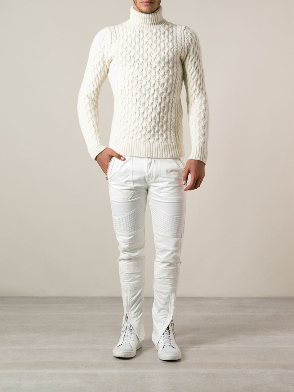 DIESEL Cable Knit Turtleneck Sweater in White for Men - Lyst