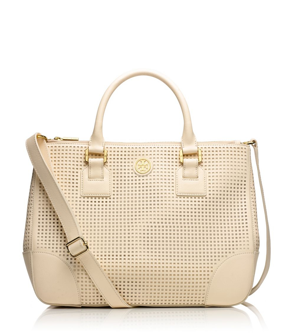 Tory Burch Robinson Perforated Double Zip Tote in Natural | Lyst
