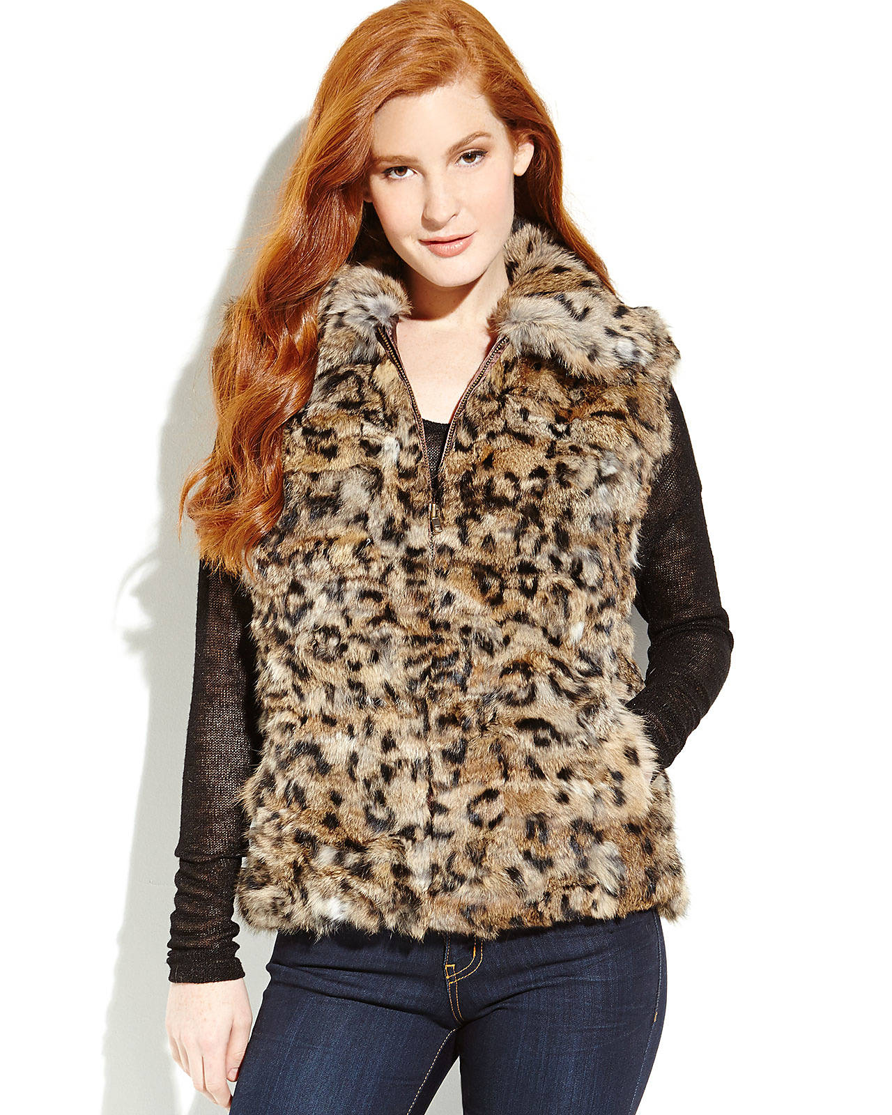 Surell Real Rabbit Fur Vest in Animal (Brown Print) Lyst