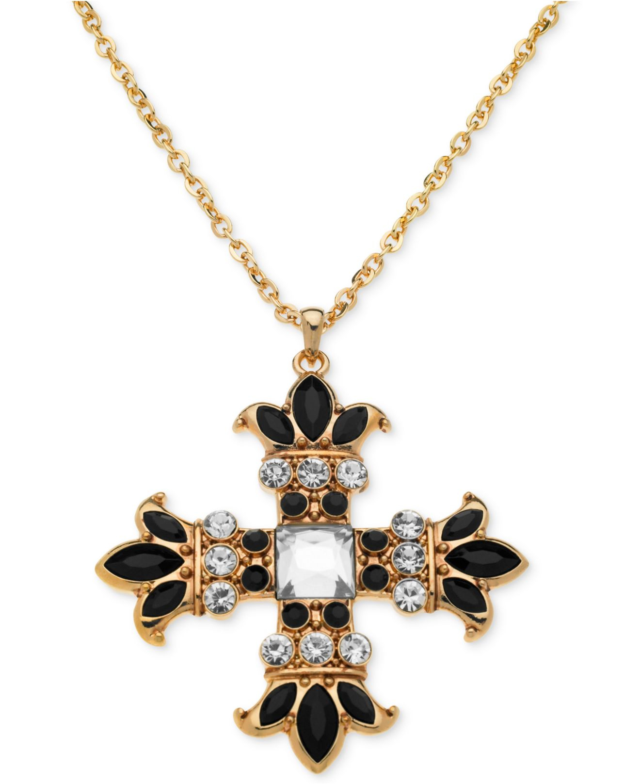 Guess Necklace, GoldTone Jet Stone Cross Pendant Necklace