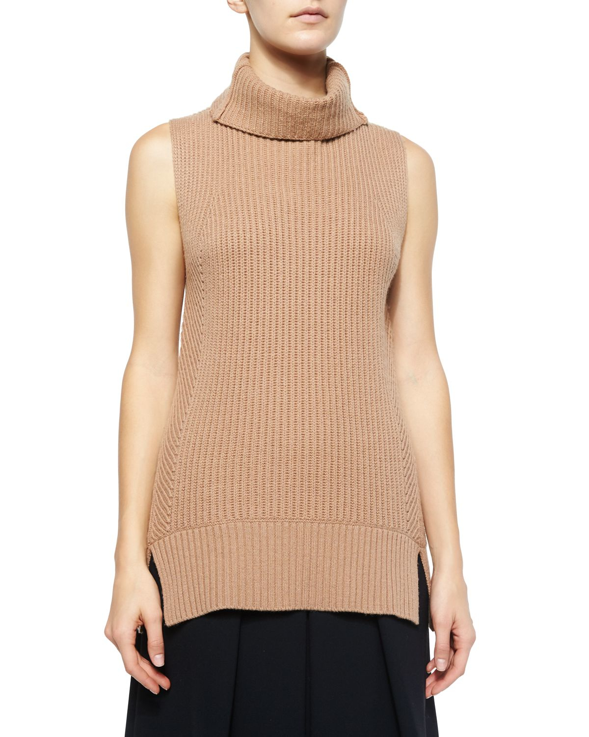 Vince Ribbed Sleeveless Turtleneck Sweater in Brown (ALMOND) - Save 69% ...