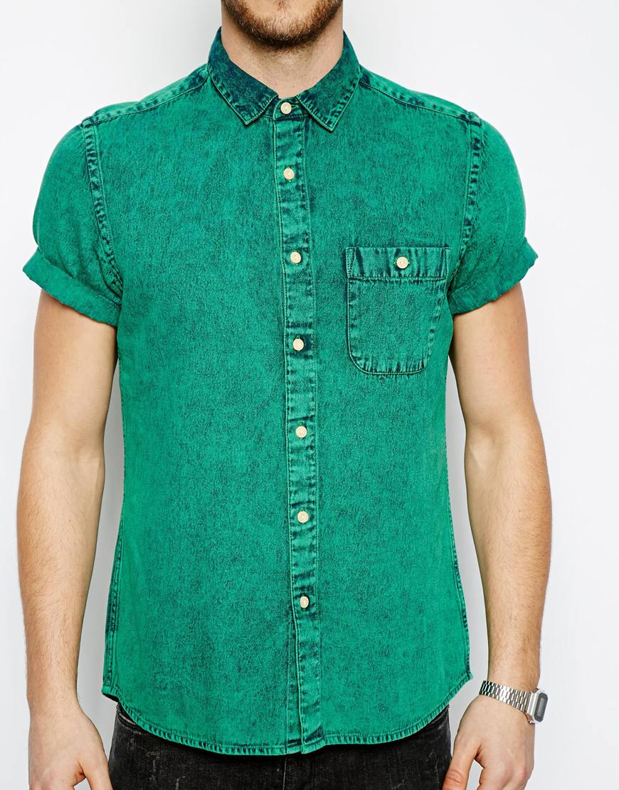 ASOS Denim Shirt in Acid Overdye with Short Sleeves in Green for Men Lyst