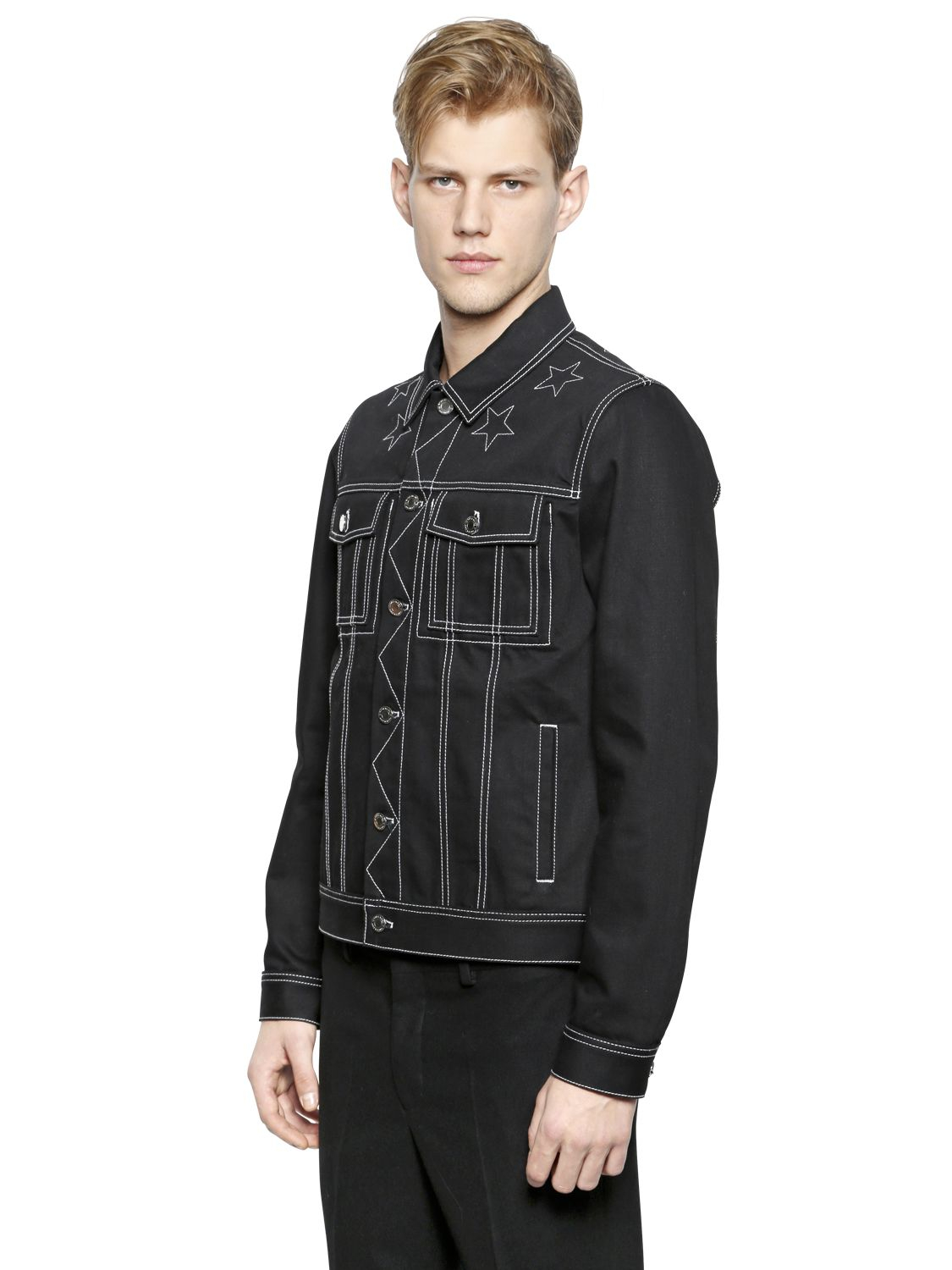 black denim jacket white stitching mens